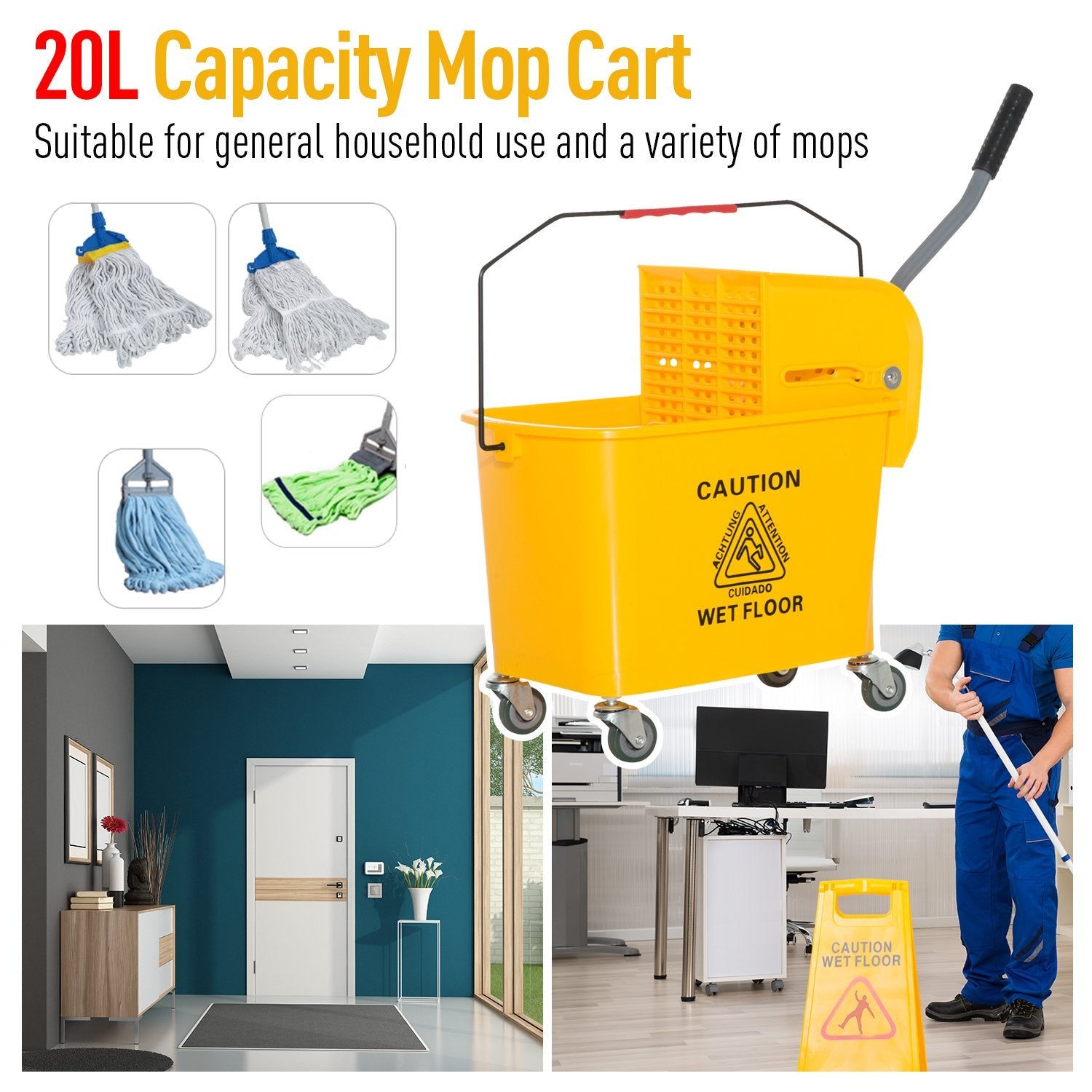 5 Gallon Commercial Mop Bucket with Side Press Wringer on Wheels, Yellow Household Supplies   at Gallery Canada