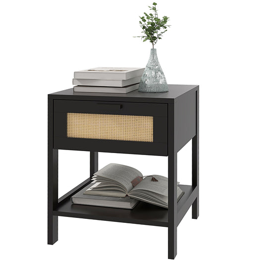 Modern Bedside Table, Accent Nightstand with Drawer and Open Shelf, Bed End Table for Bedroom, Living Room, Black Bedside Tables   at Gallery Canada