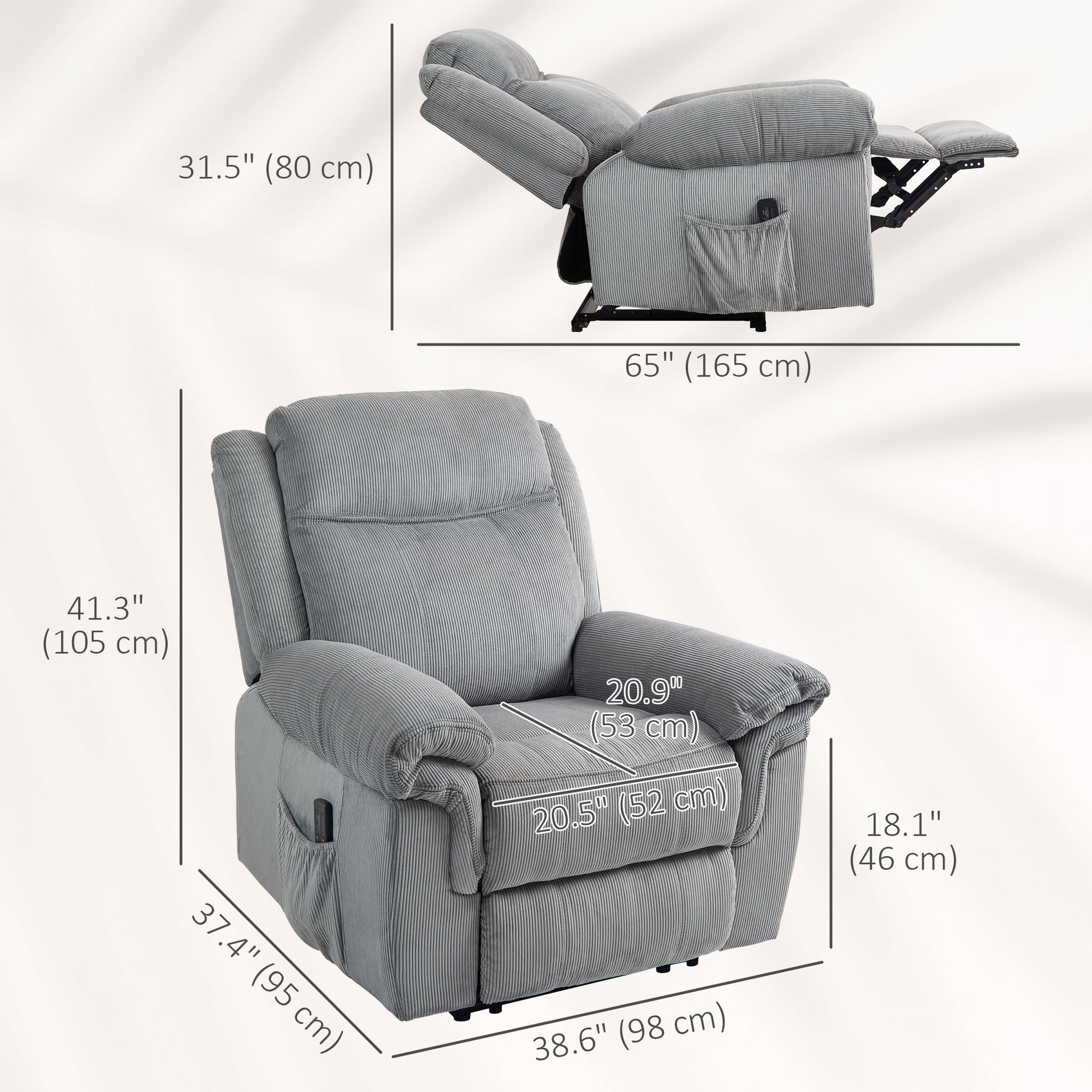 Manual Recliner Chair with Vibration Massage, Side Pockets, Corduroy Reclining Chair for Living Room, Grey Sofas & Reclining Chairs at Gallery Canada