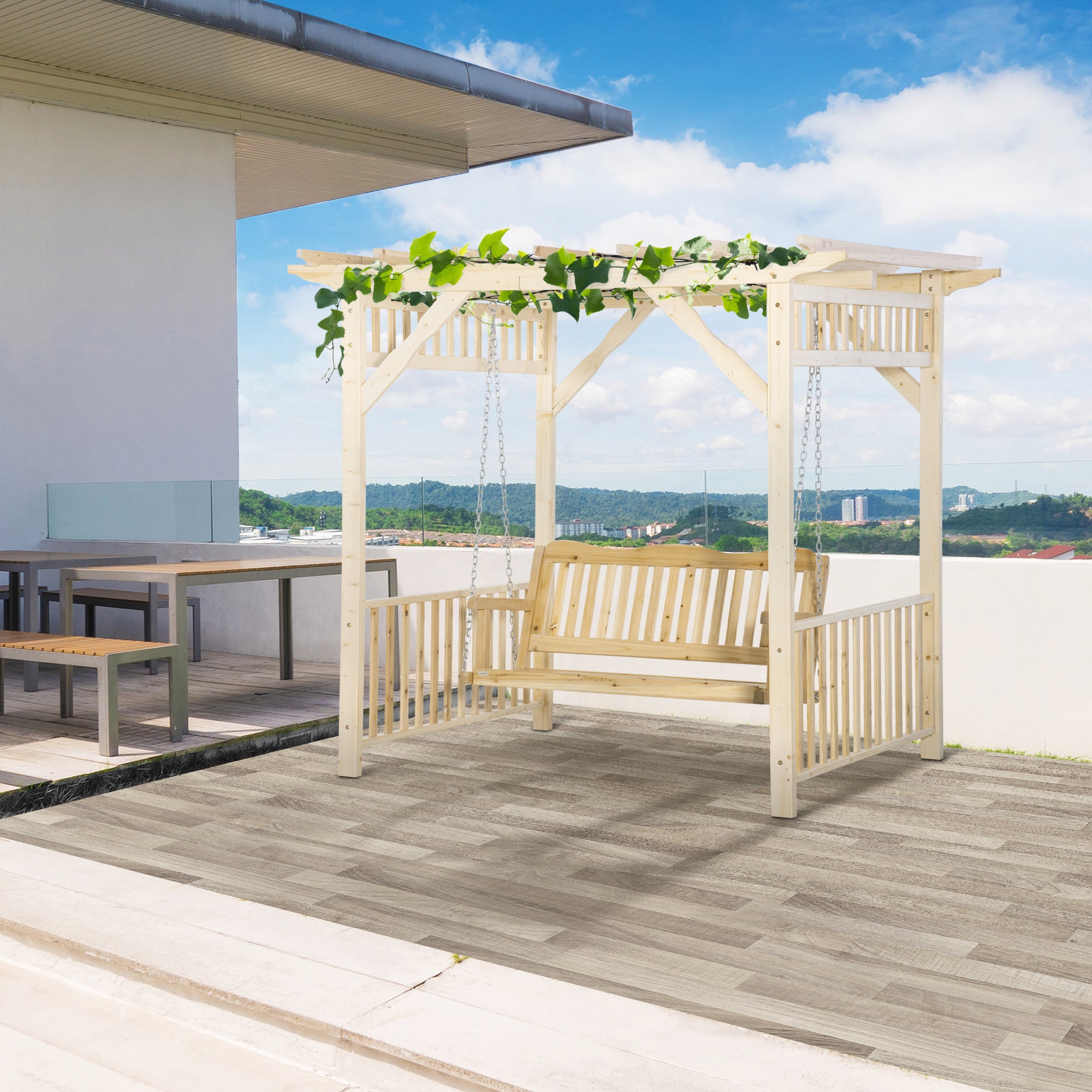 Patio Swing Chair with Pergola, 2-Person Wooden Gazebo Swing Bench Sun Shelter for Garden, Poolside, Backyard, Deck Patio Swings with Stand at Gallery Canada