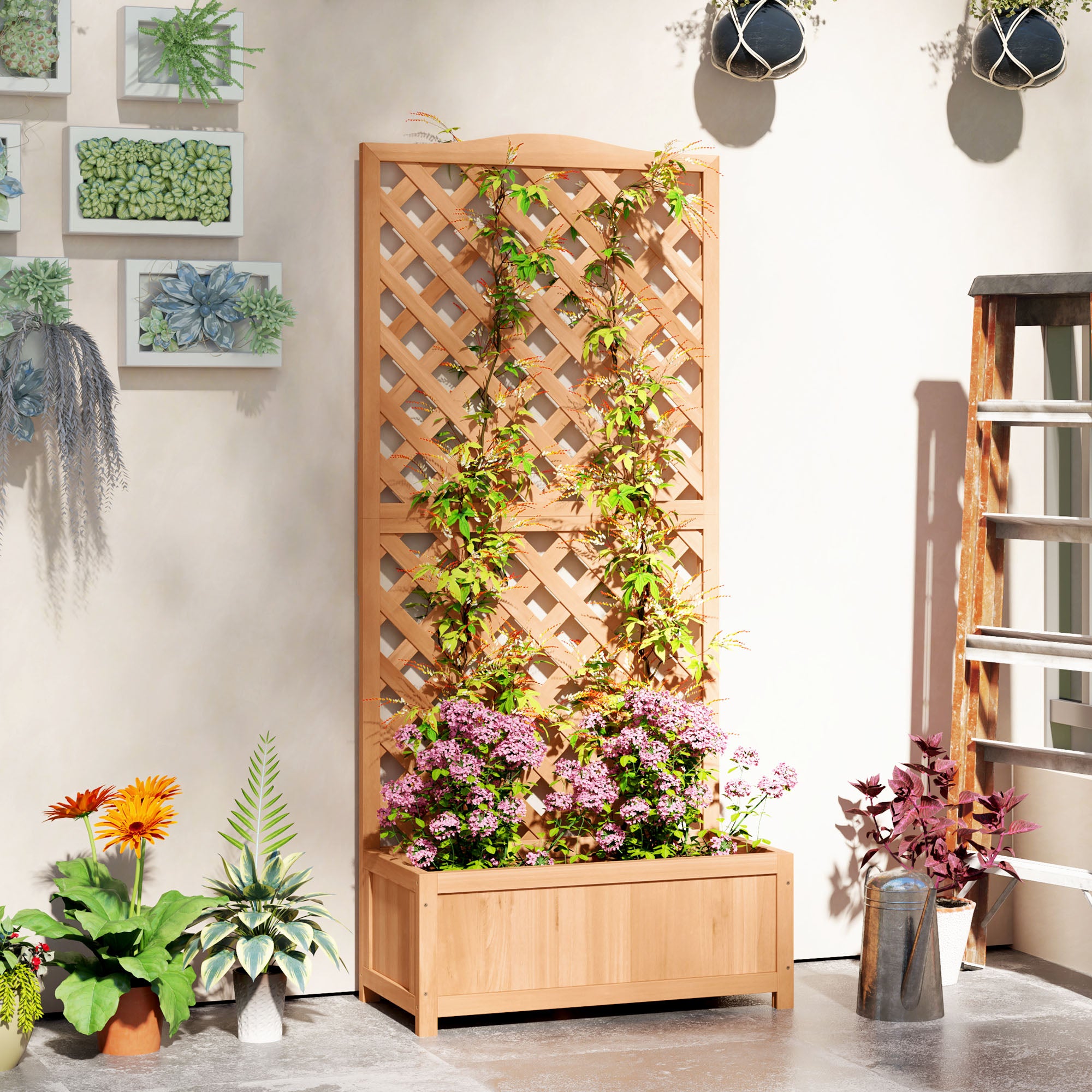 Wood Planter with Trellis for Vine Climbing, Raised Garden Bed to Grow Vegetables for Backyard, 30