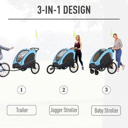 3-in-1 Foldable Child Bike Trailer Jogger Pushcar with Shock Absorbers, Blue Kids Bike Trailers   at Gallery Canada