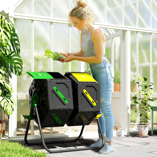 Rotating Composter, Dual Chamber Compost Bin with 24 Vents and Steel Legs, 34.5 Gallon, Yellow and Green