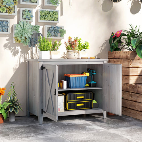 Wooden Outdoor Storage Cabinet, Garden Shed Potting Shed with Shelf and Double Doors, Light Grey
