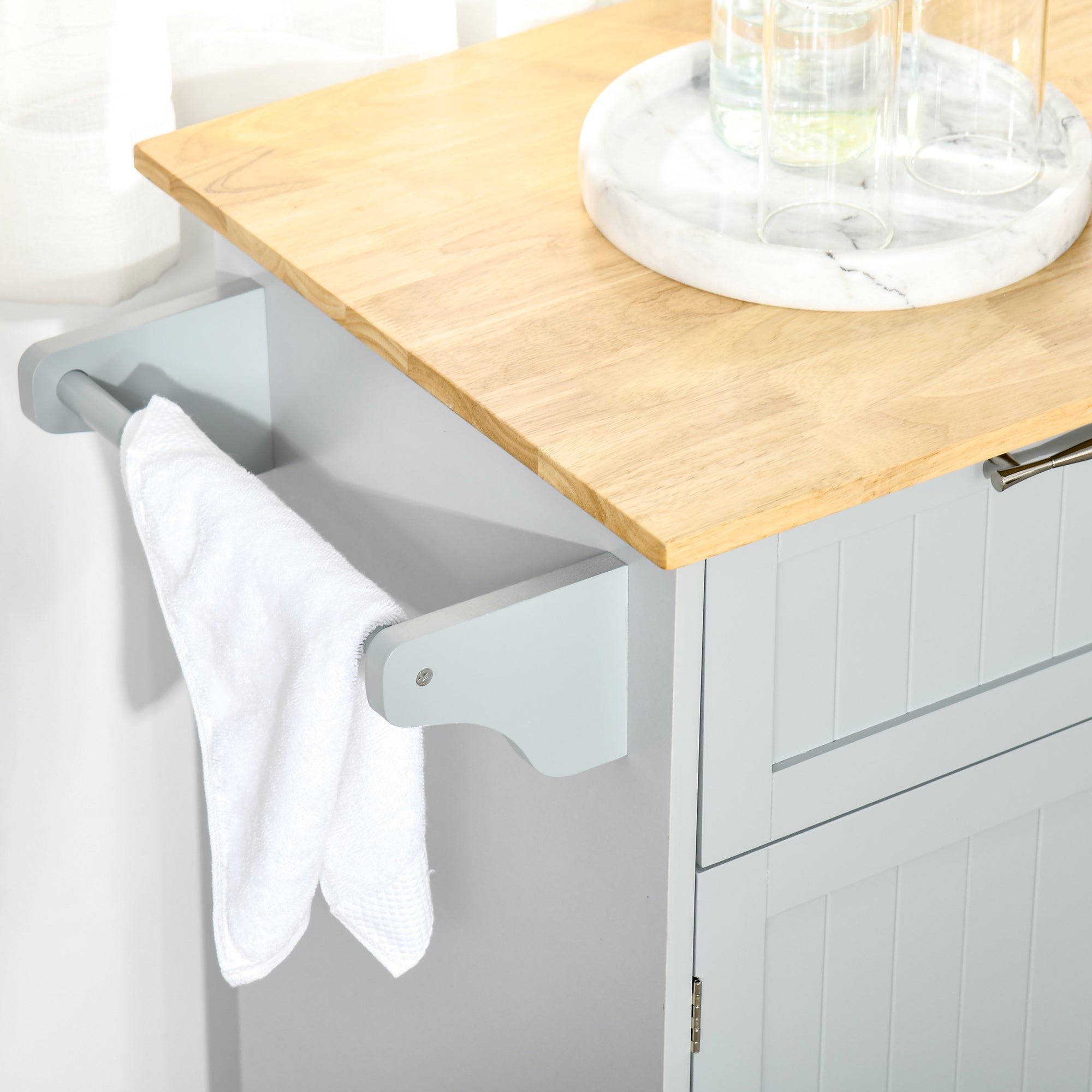 Rolling Kitchen Island with Storage Drawers, Modern Kitchen Cart with Rubber Wood Top, Cabinet &; Towel Rack, Grey Kitchen Islands & Kitchen Carts   at Gallery Canada