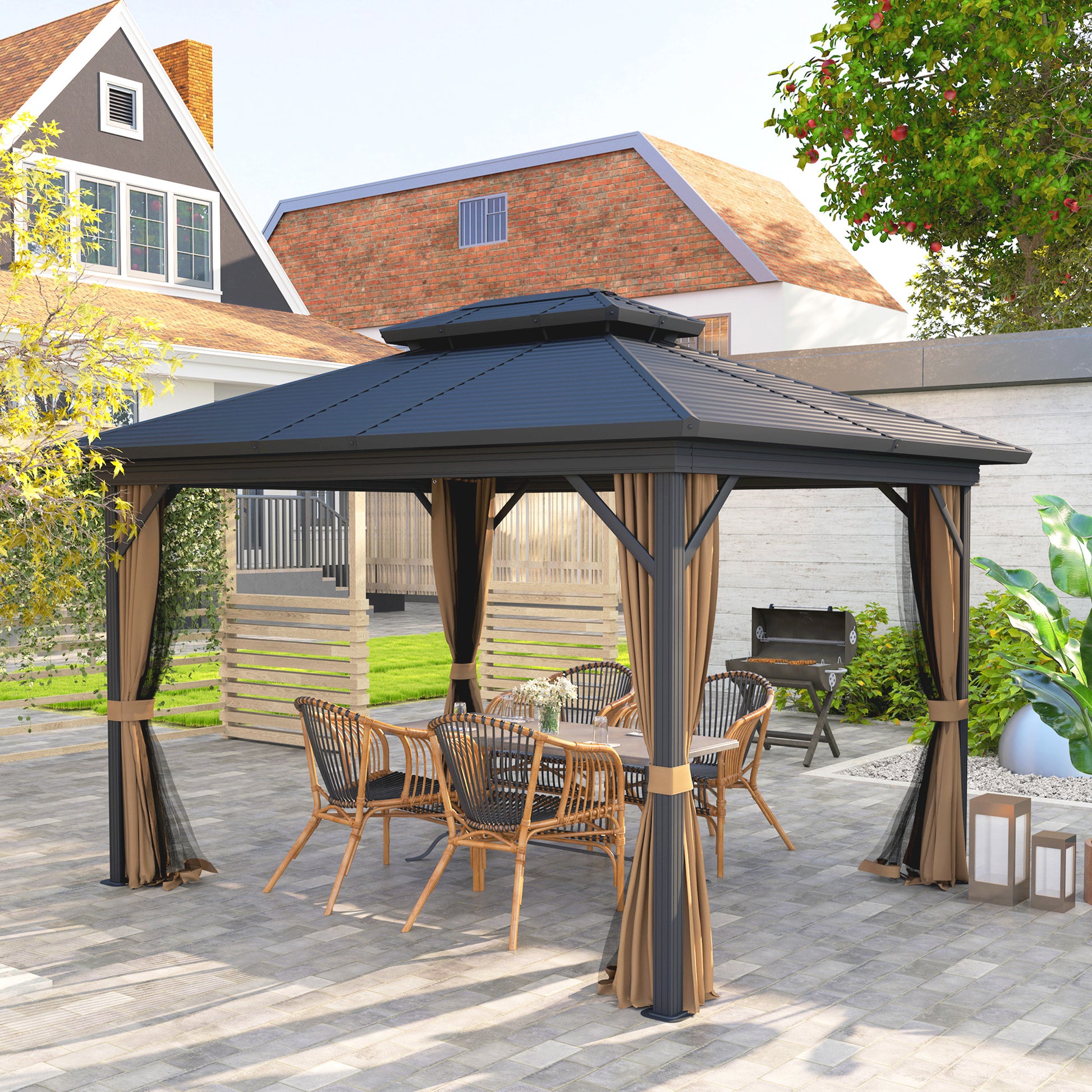 10' x 12' Hardtop Gazebo, Sun Shelter with Double Tier Metal Roof, Mosquito Netting, and Hanging Hook, Dark Brown Gazebos at Gallery Canada