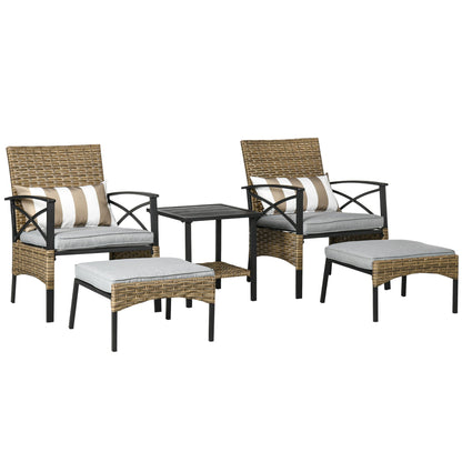 5 Piece PE Rattan Garden Furniture Set, 2 Armchairs,2 Stools, Steel Tabletop with Wicker Shelf, Padded Outdoor Seating, Khaki Bistro Sets Multi Colour  at Gallery Canada