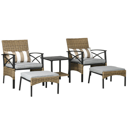 5 Piece PE Rattan Garden Furniture Set, 2 Armchairs,2 Stools, Steel Tabletop with Wicker Shelf, Padded Outdoor Seating, Khaki