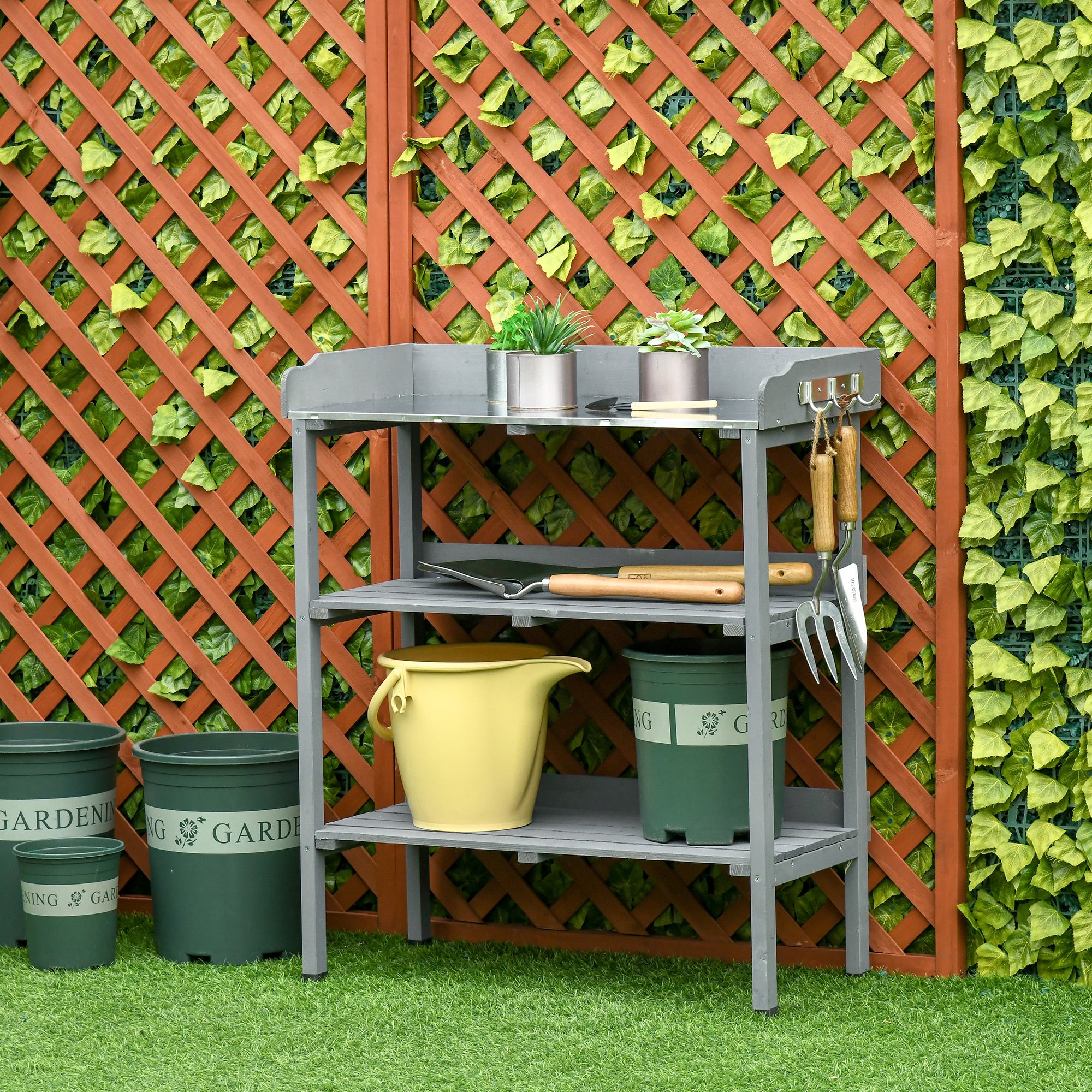 Outdoor Garden Wooden Potting Bench Work Station Table Tool Storage Shelf w/ Hooks, Grey Potting Benches & Tables at Gallery Canada