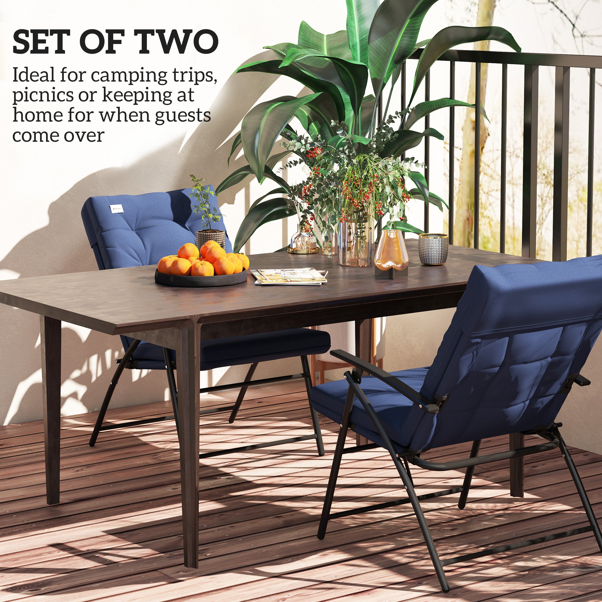 Set of 2 Foldable Lawn Chairs with Adjustable Backrest Padded Folding Camping Chairs for Outdoor Blue Patio Chairs at Gallery Canada