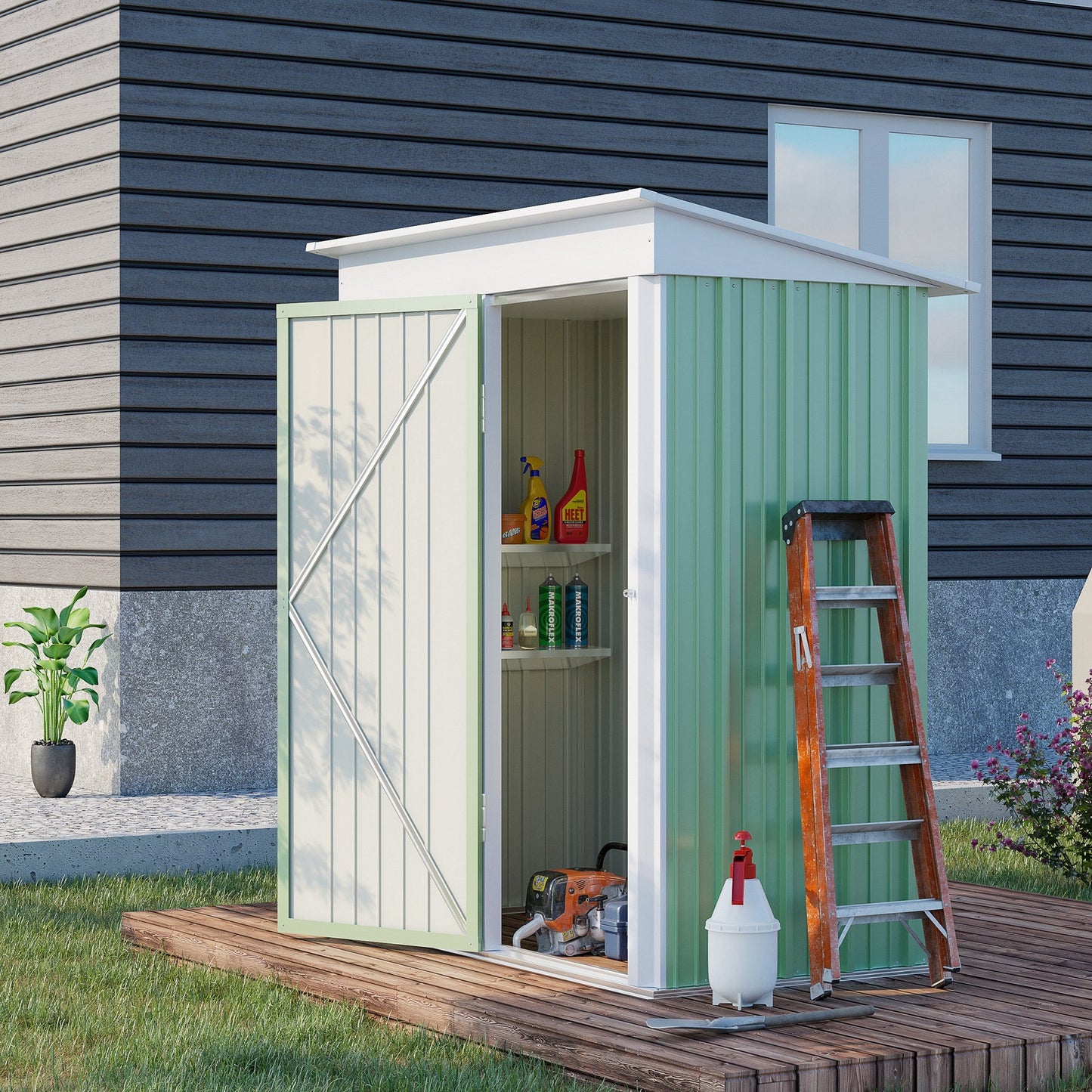 Outdoor Sheds Storage, Small Garden Shed for Tool Bike Motorcycle, with Adjustable Shelf, Lock, Gloves, 5'x3'x6', Green Sheds   at Gallery Canada