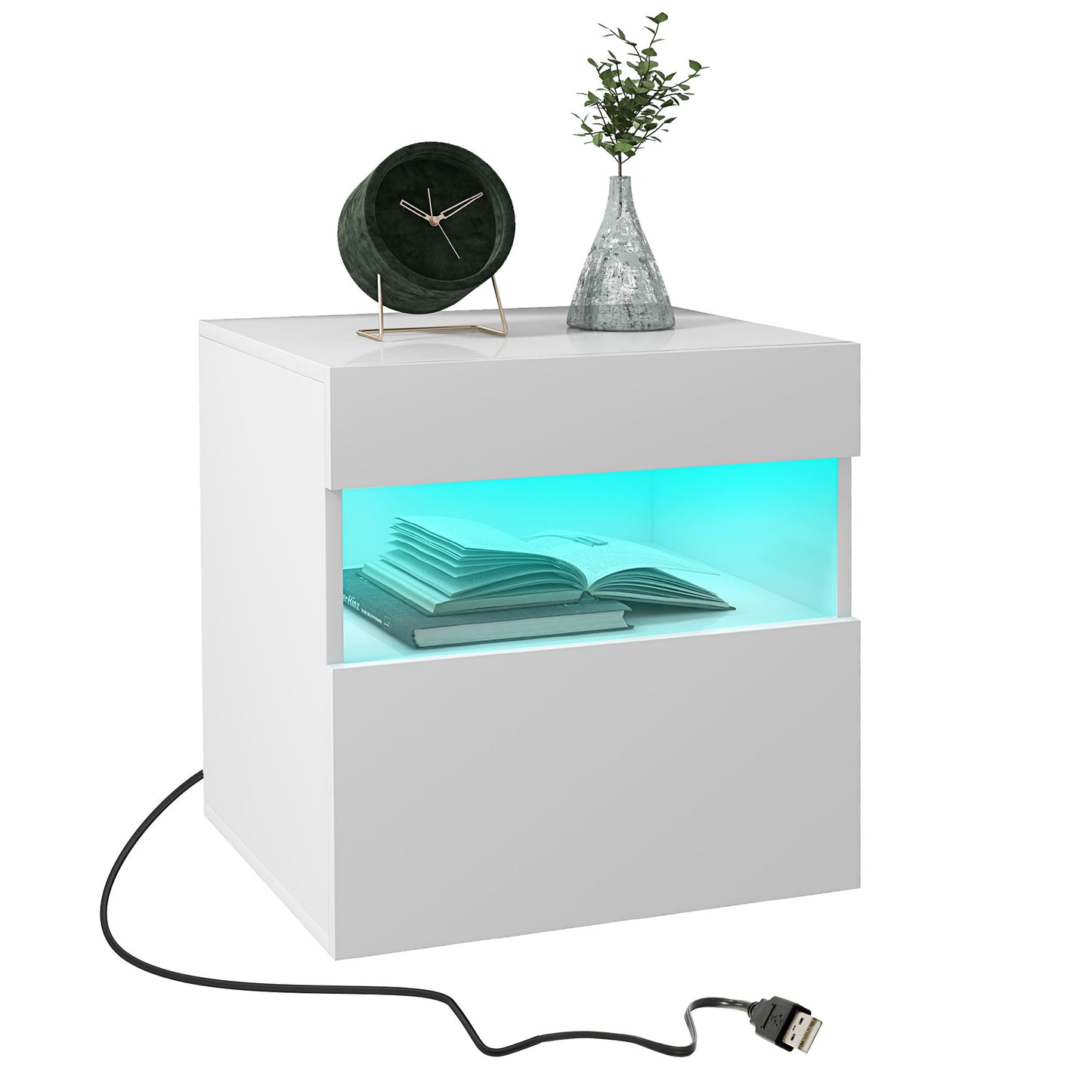 Nightstand with LED Lights, Small Bedside Table with Drawer and Open Shelf Bedside Tables   at Gallery Canada