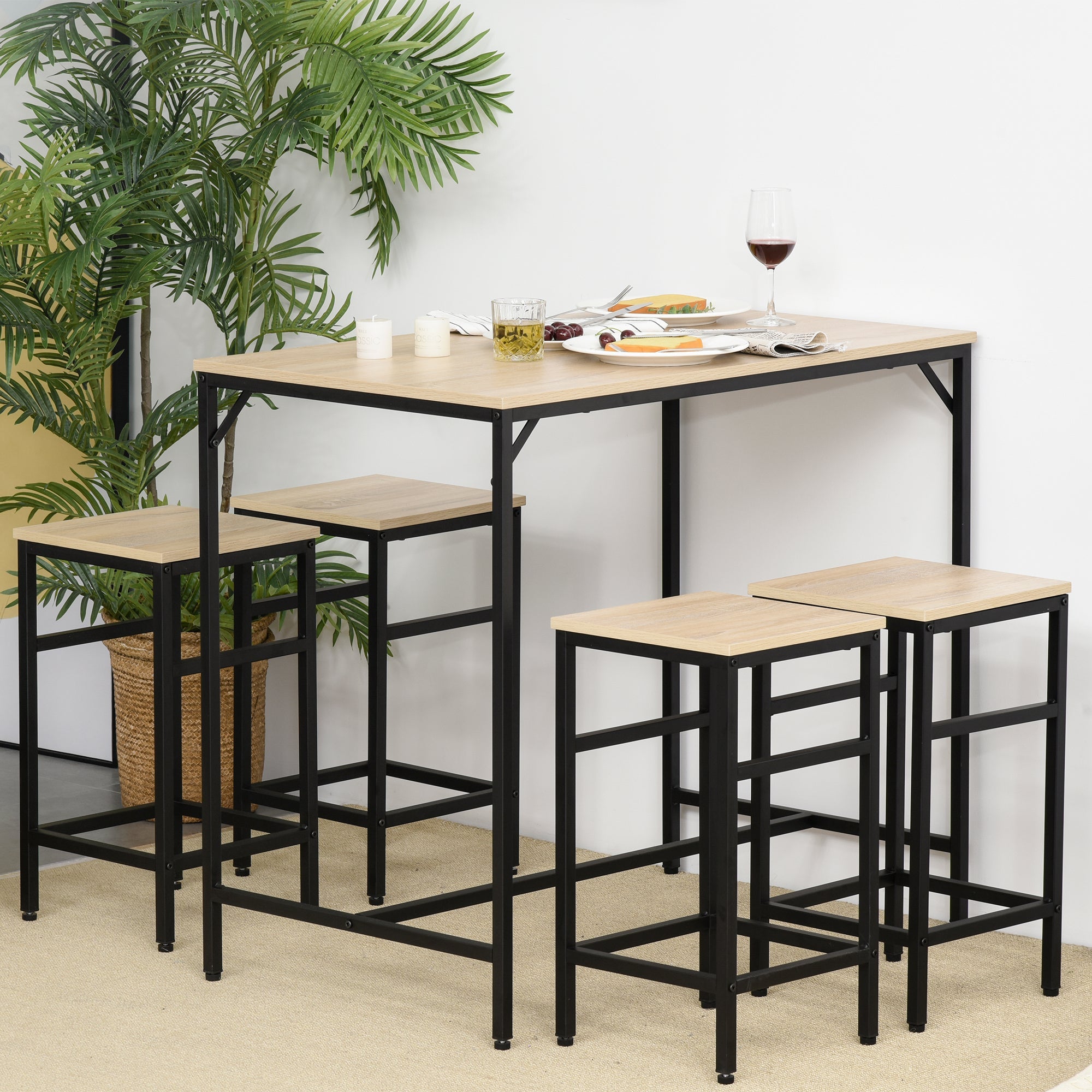 5 Pieces Industrial Rectangular Bar Table Set, Dining Table Set Breakfast Table with 4 Stools for Dining Room, Kitchen, Dinette, Oak Bar Sets   at Gallery Canada