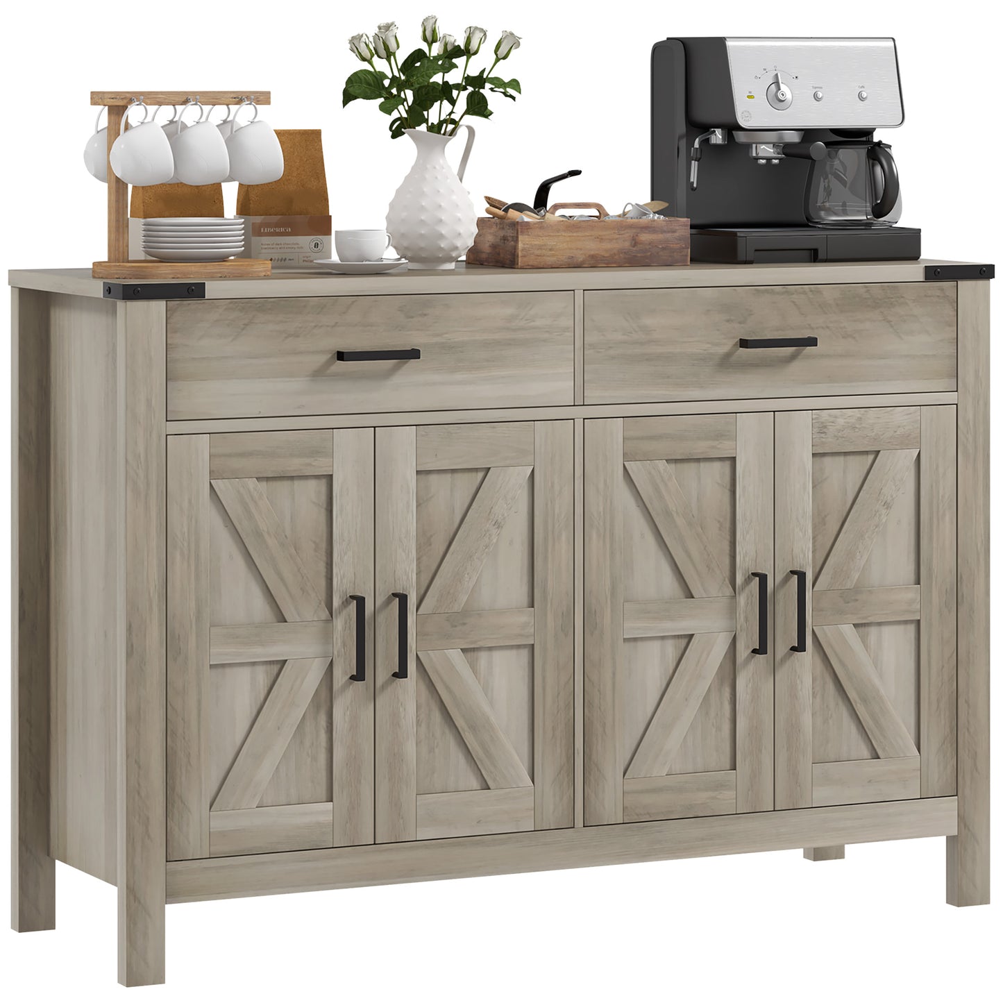 Farmhouse Buffet Cabinet Sideboard with 2 Drawers, 2 Storage Cabinets and Adjustable Shelves, Grey Bar Cabinets   at Gallery Canada