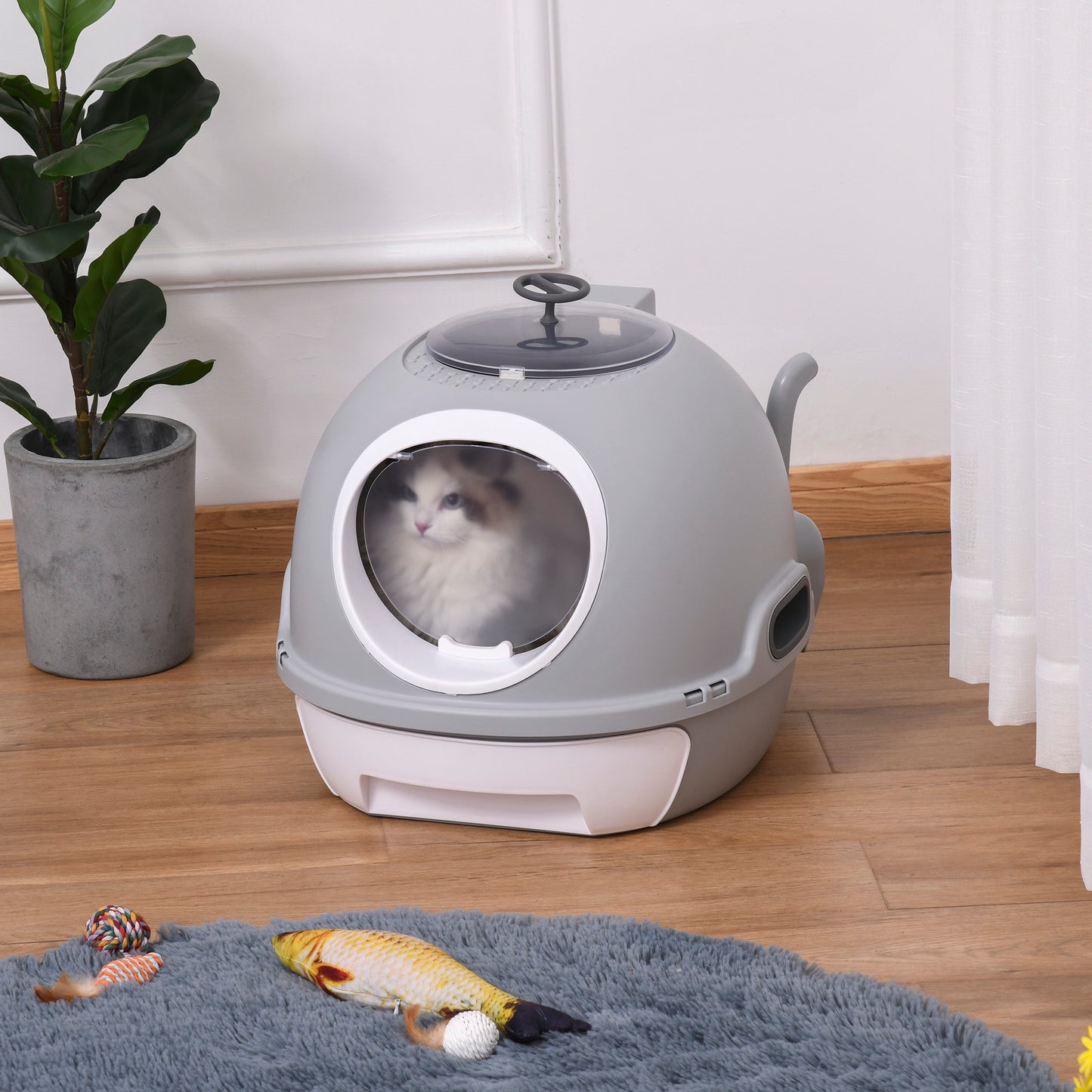 Cat Litter Box Toilet with Lid, Covered Litter Box with Scoop, Enclosed Drawer and Skylight, Grey Cat Litter Box Enclosures Grey  at Gallery Canada