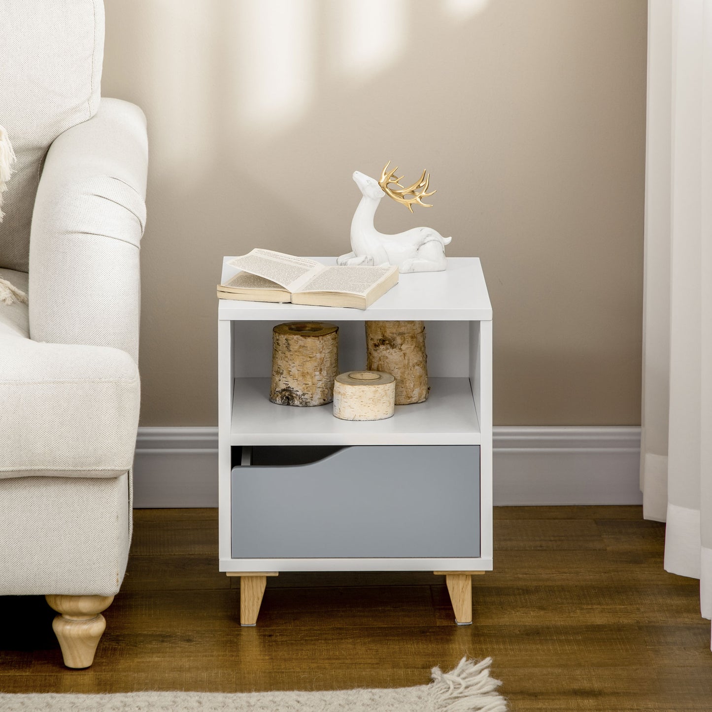 Modern Bedside Table, Side End Table with Shelf, Drawer and Wood Legs, 14.5" x 13" x 17.2", White and Grey Bedside Tables   at Gallery Canada