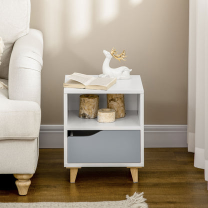 Modern Bedside Table, Side End Table with Shelf, Drawer and Wood Legs, 14.5" x 13" x 17.2", White and Grey Bedside Tables   at Gallery Canada