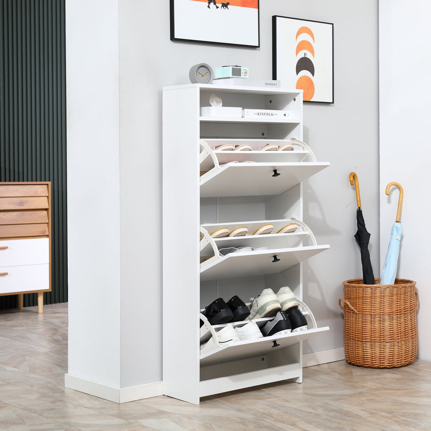 Slim Shoe Storage with 3 Flip Drawers and Adjustable Shelves Shoe Cabinet Organizer for 9 Pair, White Shoe Storage Cabinets & Racks   at Gallery Canada