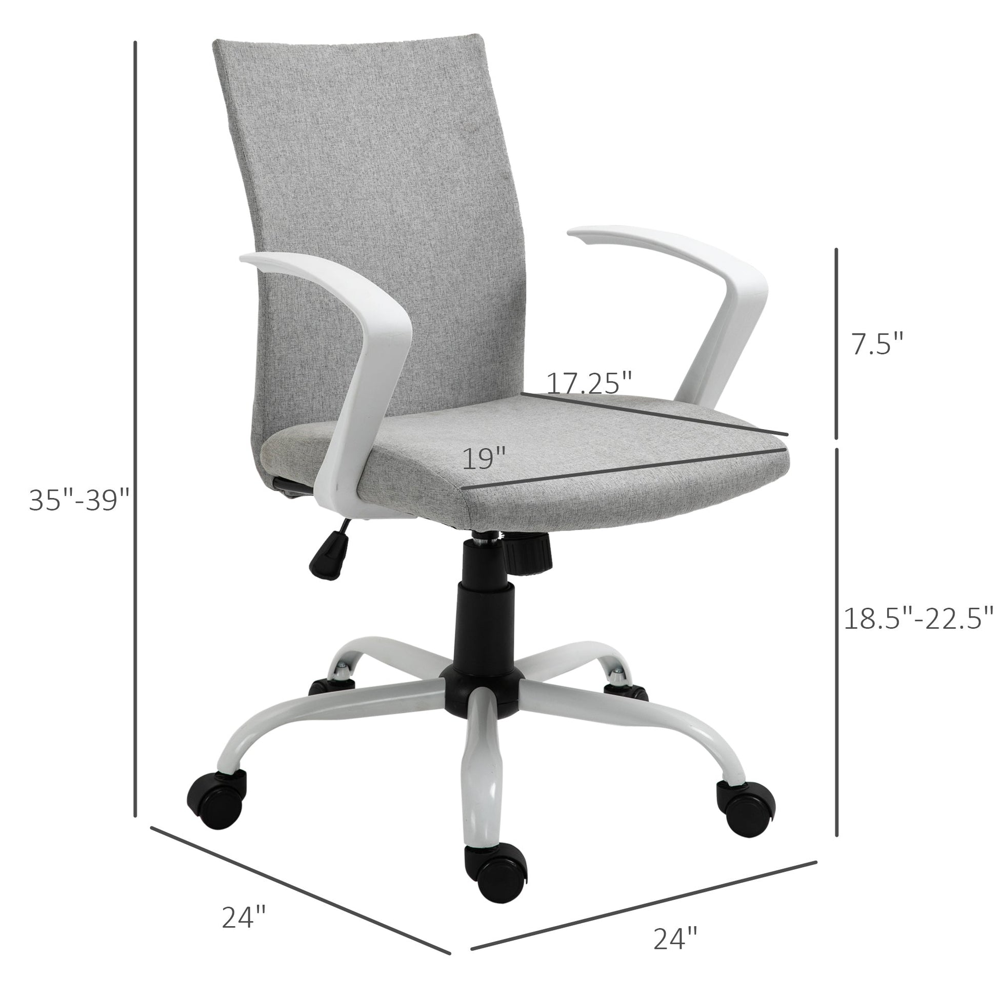 Mid Back Office Chair Linen Swivel Computer Study Chair Desk Chair with Wheels, Arm, Tilt Function, Light Grey Task Chairs   at Gallery Canada