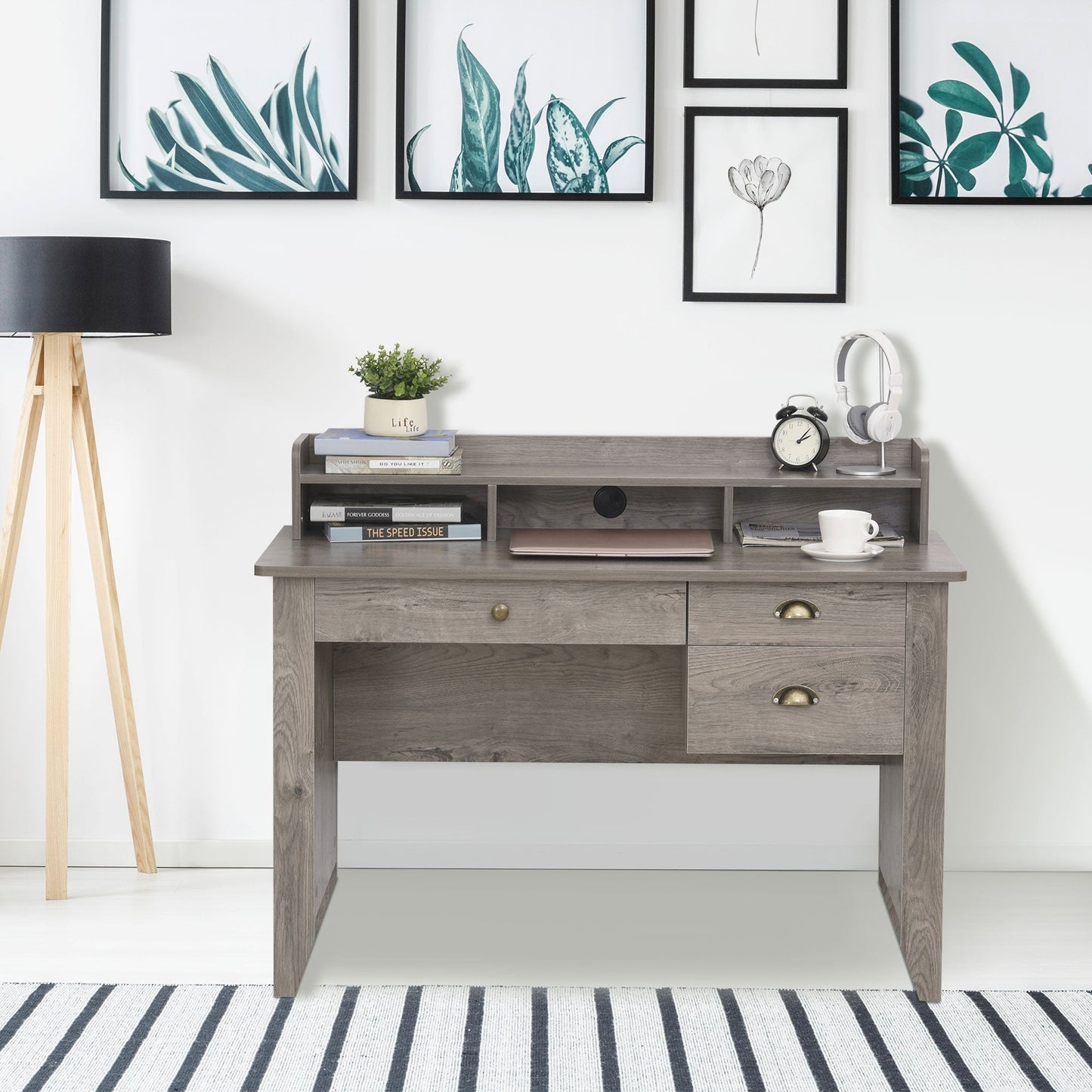 Computer Desk with Storage Hutch, Drawers, Shelf, Home Office Writing Table Study Workstation with Cable Management, Grey Writing Desks   at Gallery Canada