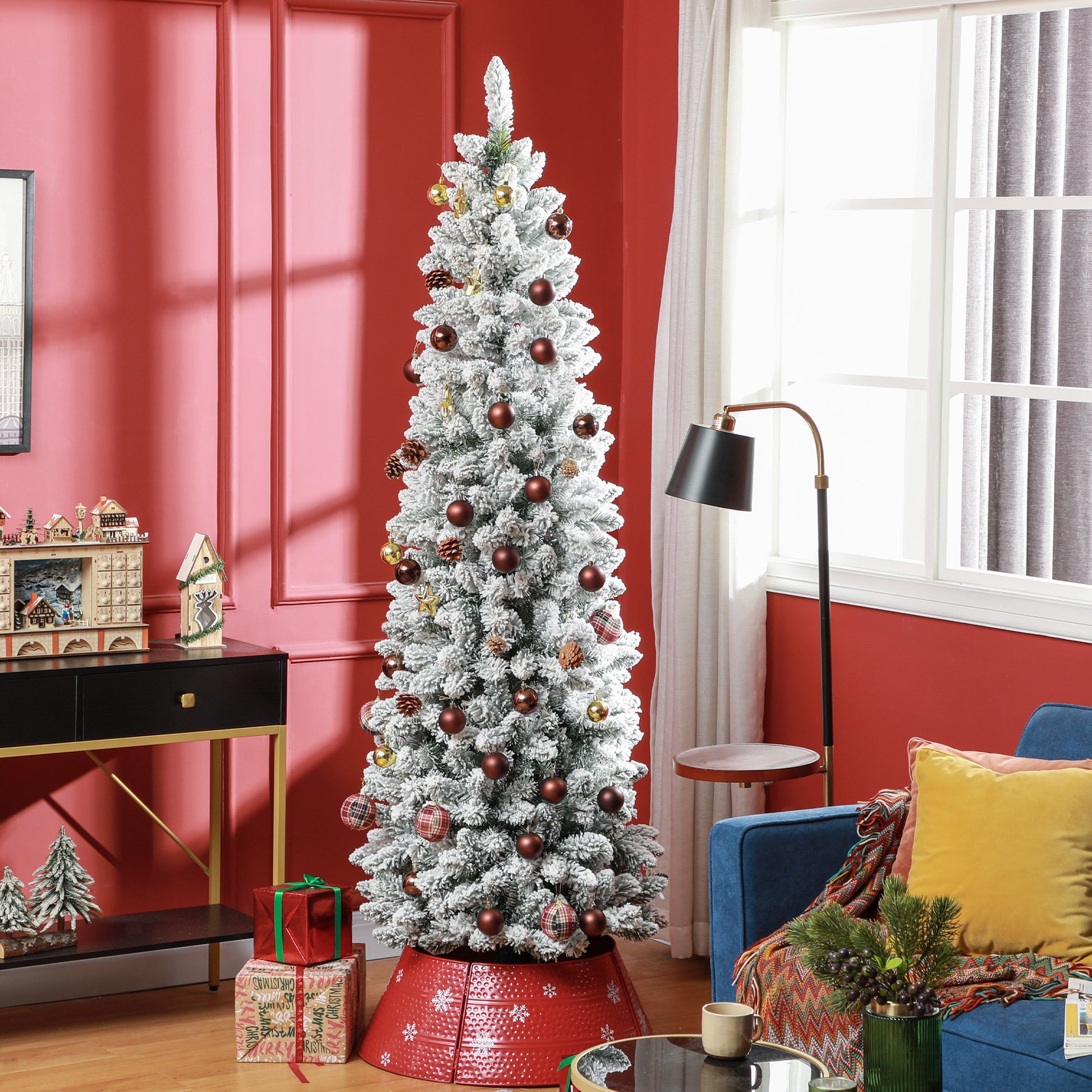 7ft Pencil Christmas Tree, Flocked Tree with 687 Branch Tips and Metal Base for Home, Indoor, Holiday Pencil Christmas Trees   at Gallery Canada