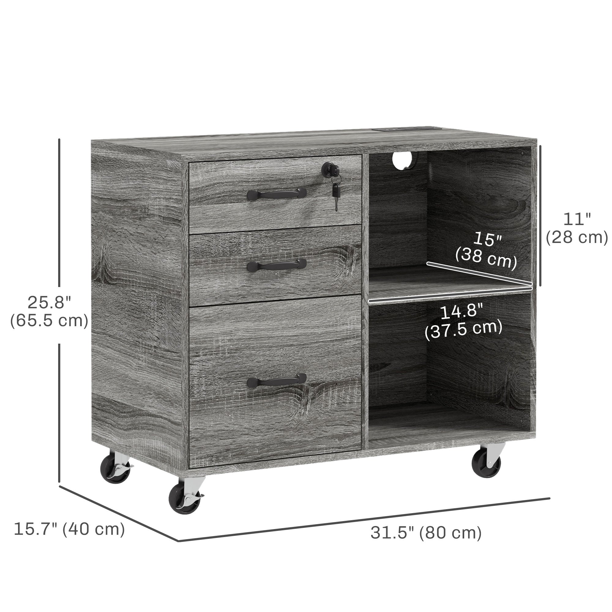 Mobile Printer Stand with Charging Station USB Ports Locking Filing Cabinet for A4 Letter Size Grey Office Cabinets & Cupboards   at Gallery Canada