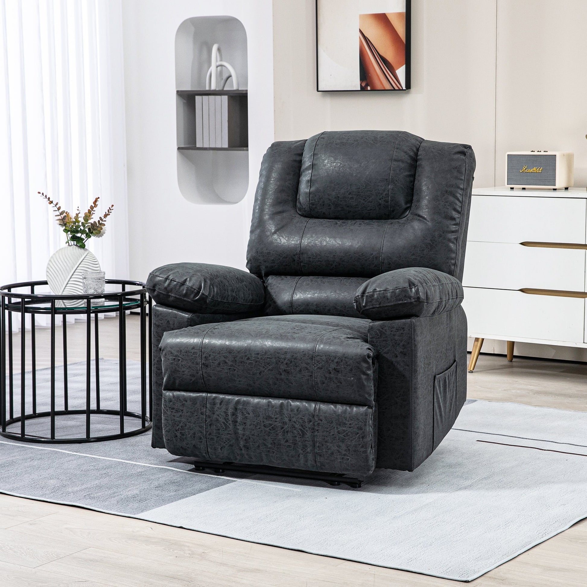 PU Leather Reclining Chair, Manual Recliner Chair for Living Room with Footrest, 2 Side Pockets, Steel Frame, Black Single Sofas   at Gallery Canada