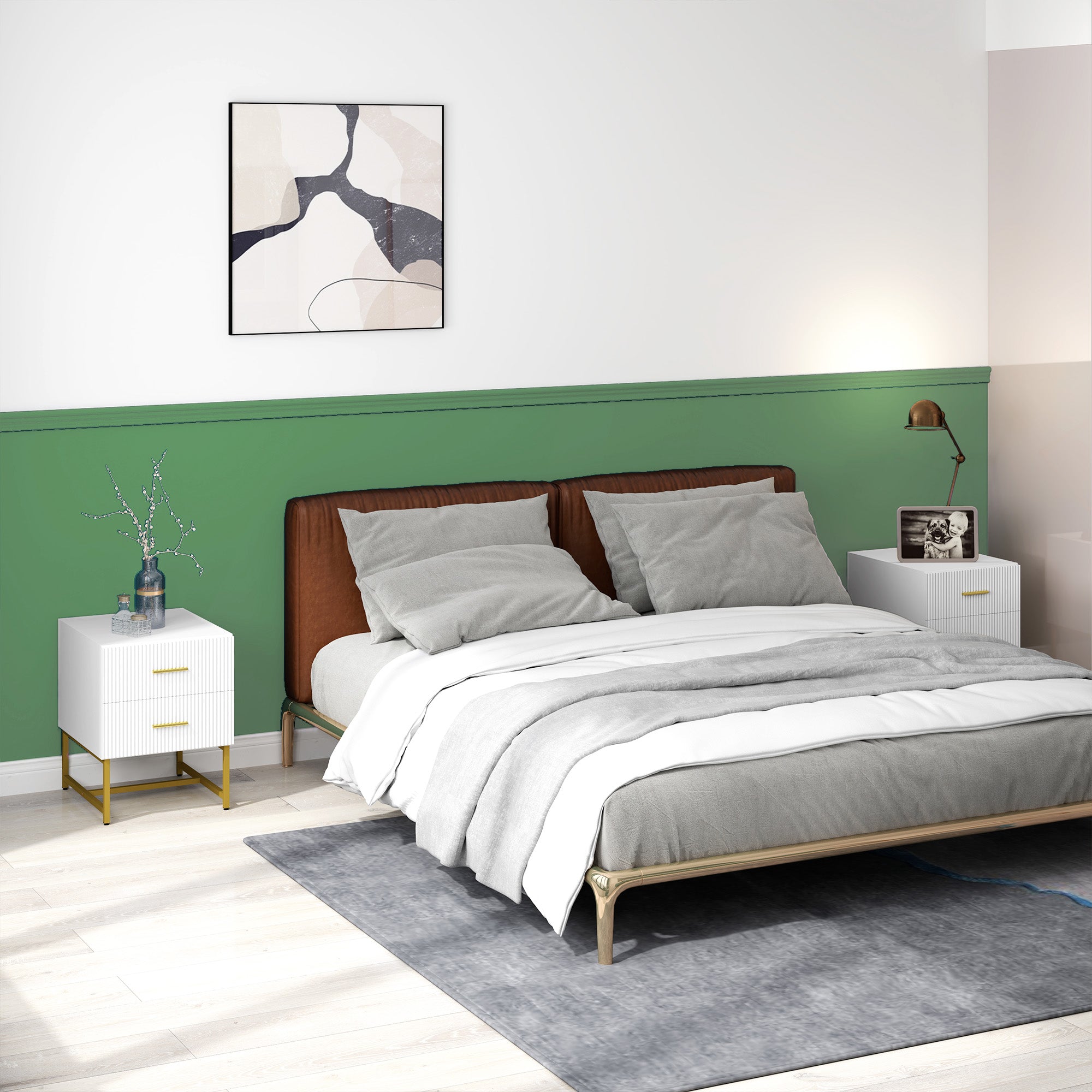 2 Pieces Nightstands with Storage, Modern Bedside Tables with 2 Fluted Drawers and Gold Legs for Bedroom, White Bedside Tables at Gallery Canada
