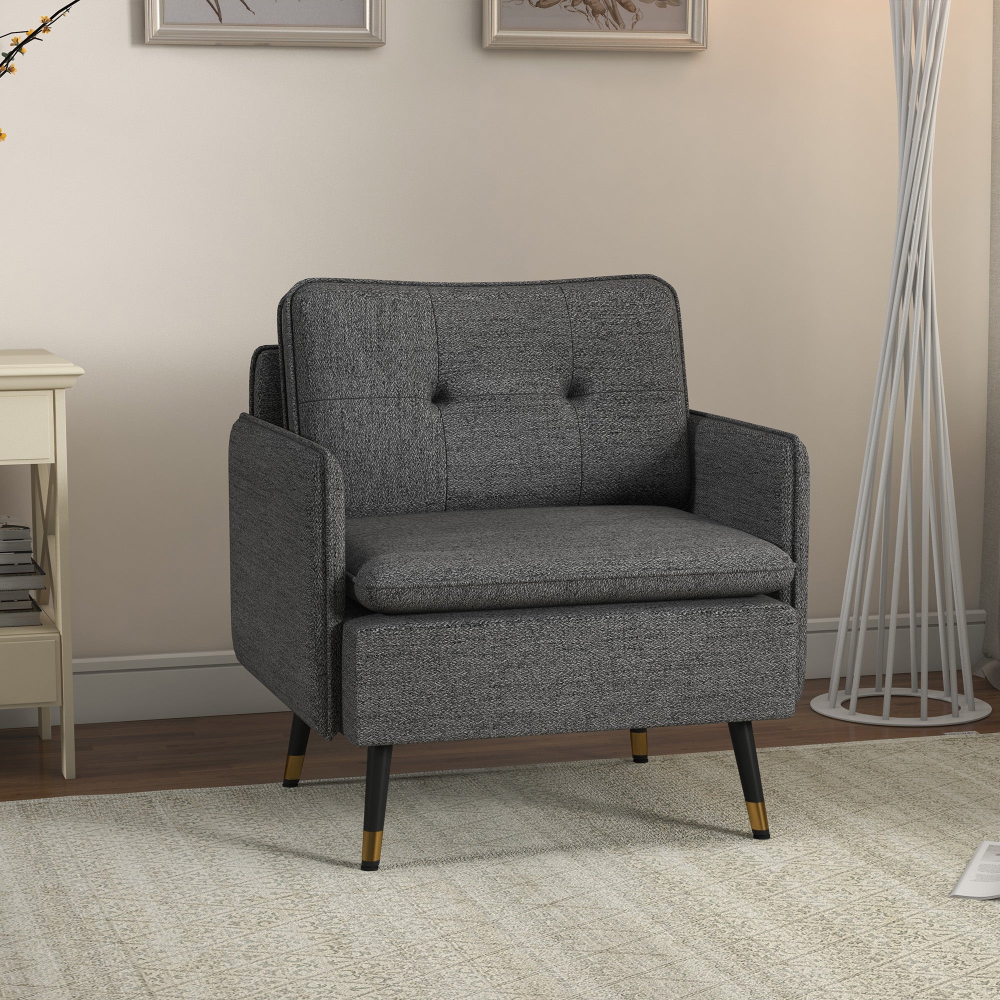 Modern Armchair, Upholstered Accent Chair with Tufted Back Cushion and Steel Legs for Living Room, Bedroom, Dark Grey Accent Chairs Dark Grey  at Gallery Canada