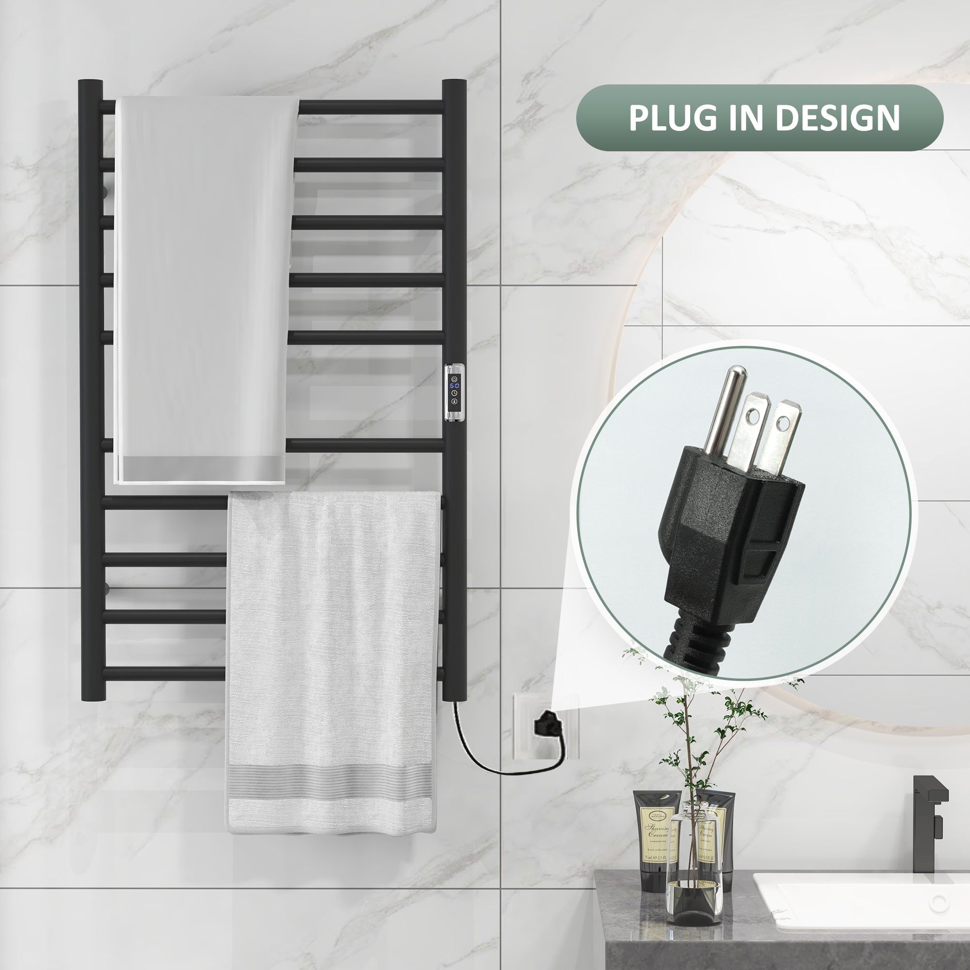 Wall Mounted Heated Towel Rack 10-Bar Electric Towel Warmer with Timer Adjustable Temperature Plug-in Bath Accessories   at Gallery Canada