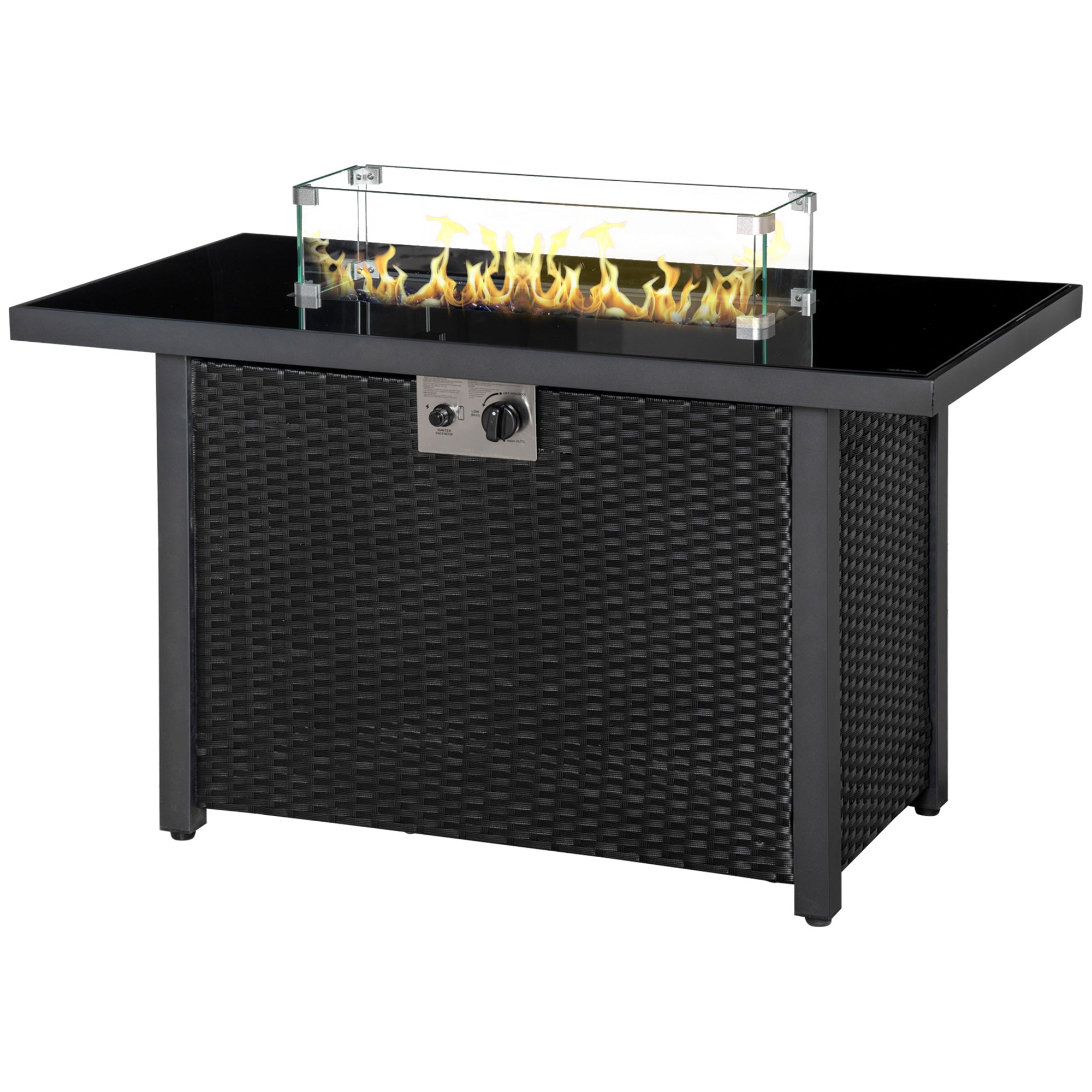 Propane Fire Pit Table 43in Outdoor Square Fire Table, 50,000 BTU Pulse-Ignition Wicker Firepit Furniture with Glass Wind Guard, Blue Glass Rock, CSA Certification, Black Fire Pits at Gallery Canada