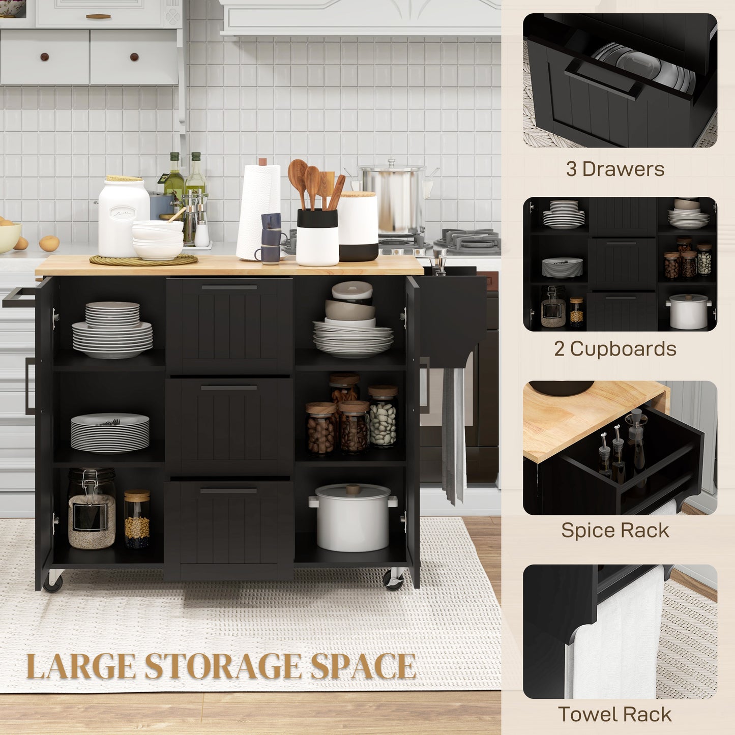 Rolling Kitchen Cart on Wheels with Drop Leaf, Kitchen Island with 3 Drawers, Solid Wood Top and Towel Rack, Black Kitchen Islands & Kitchen Carts   at Gallery Canada