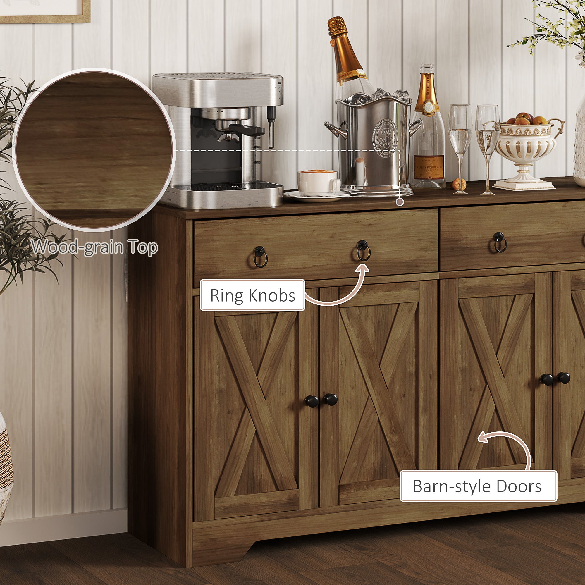 Sideboard Cabinet with 2 Drawers, 4 Barn Doors and 2 Adjustable Shelves, Buffet Table for Living Room, Light Brown Bar Cabinets at Gallery Canada