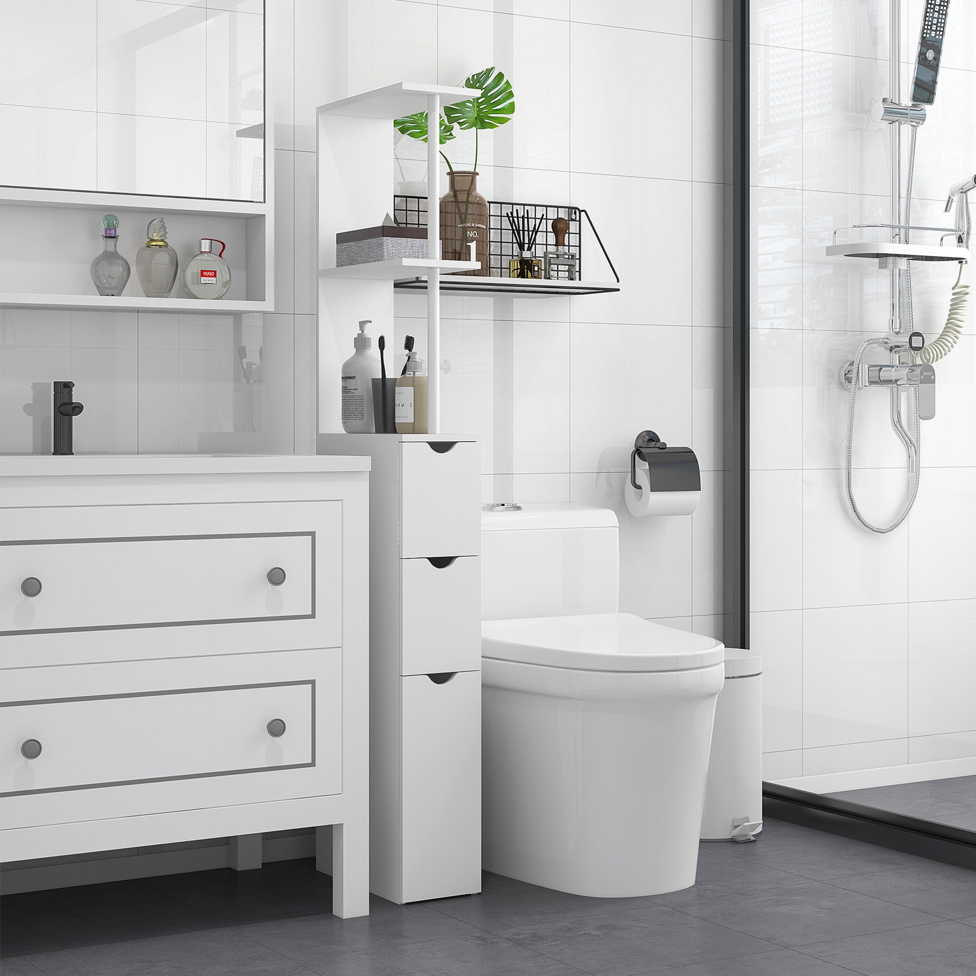 Tall Bathroom Storage Cabinet, Narrow Bathroom Cabinet with Drawers and Open Shelves for Small Spaces, White Bathroom Cabinets   at Gallery Canada