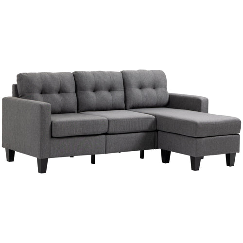L-shaped Sofa, 3 Seater Couch with Ottoman, Corner Sofa with Thick Padded Cushion and Wood Legs, Dark Grey