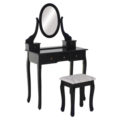 Wooden Vanity Table Set, Makeup Dressing Table with 360° Rotating Oval Mirror, 5 Drawers and Padded Stool for Bedroom, Black Dressing & Vanity Tables Black  at Gallery Canada