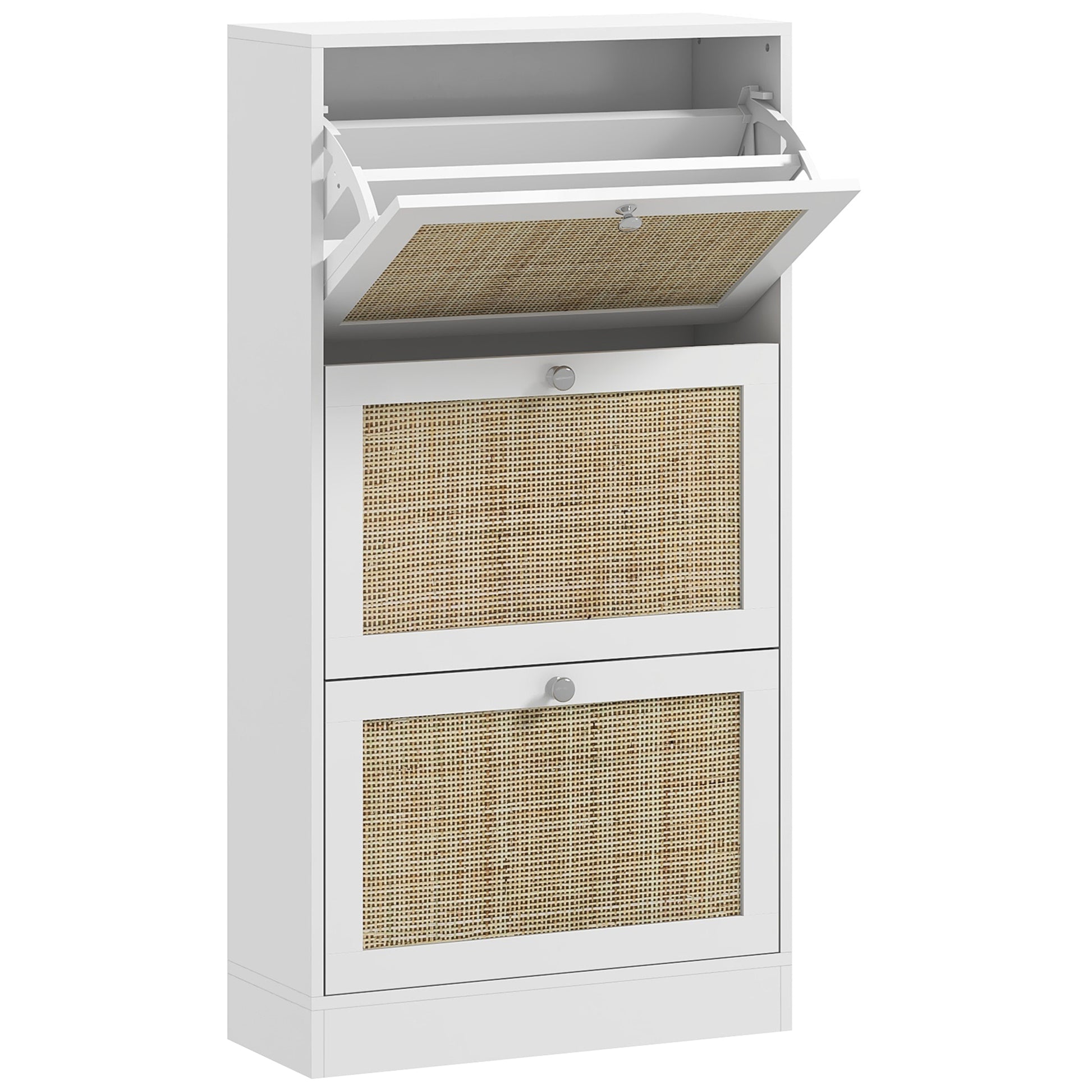 Rattan Shoe Storage Cabinet with 3 Flip Drawers and Adjustable Shelves, Entryway Shoe Cabinet for 18 Pairs, White Shoe Storage Cabinets & Racks   at Gallery Canada