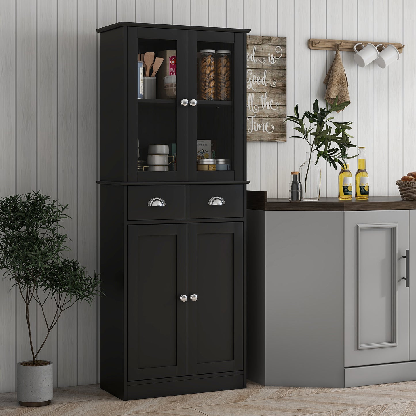 61" Kitchen Pantry Cabinet, Freestanding Farmhouse Storage Cabinet with Soft Close Glass Doors and Adjustable Shelves, Black Kitchen Pantry Cabinets Black  at Gallery Canada