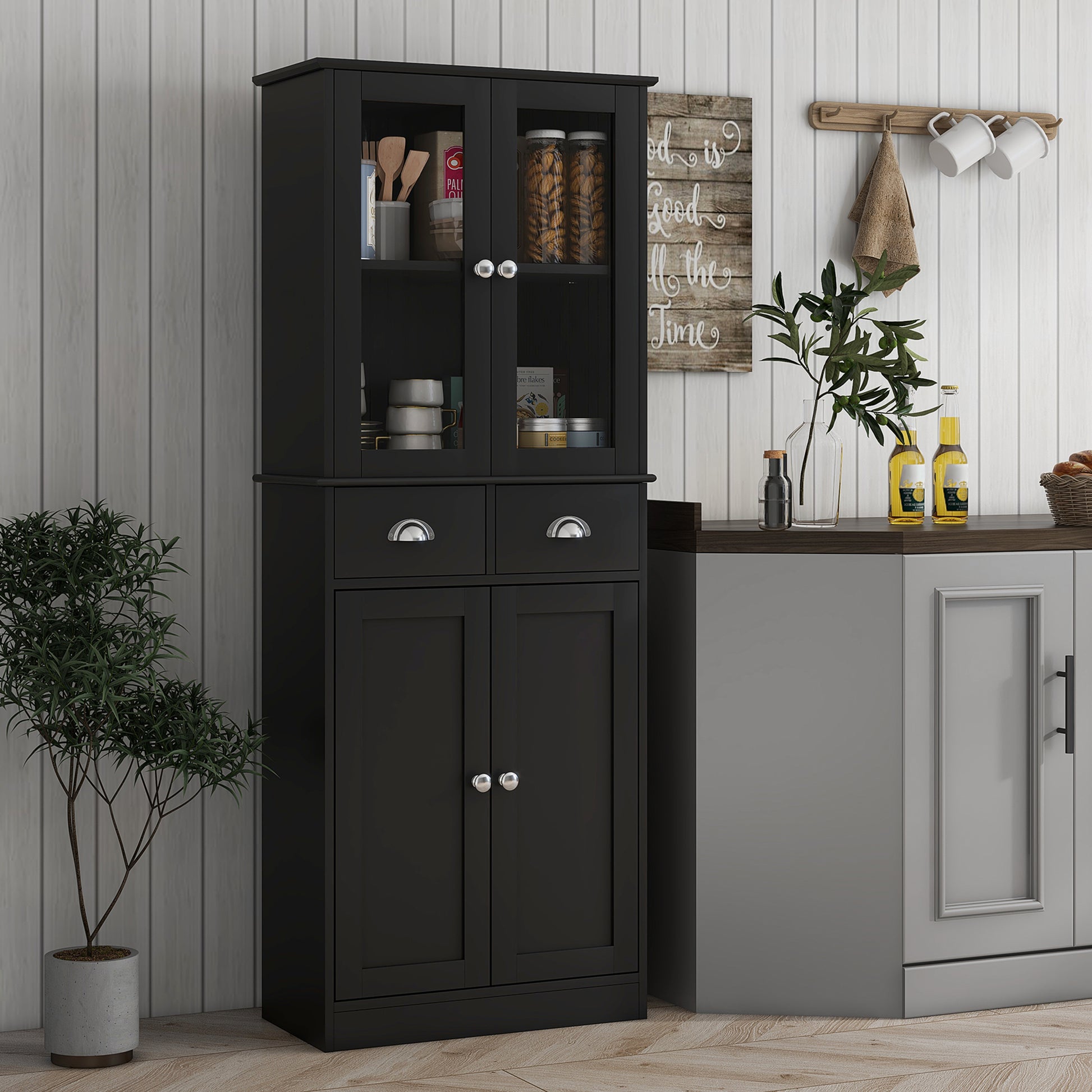 61" Kitchen Pantry Cabinet, Freestanding Farmhouse Storage Cabinet with Soft Close Glass Doors and Adjustable Shelves, Black Kitchen Pantry Cabinets Black  at Gallery Canada