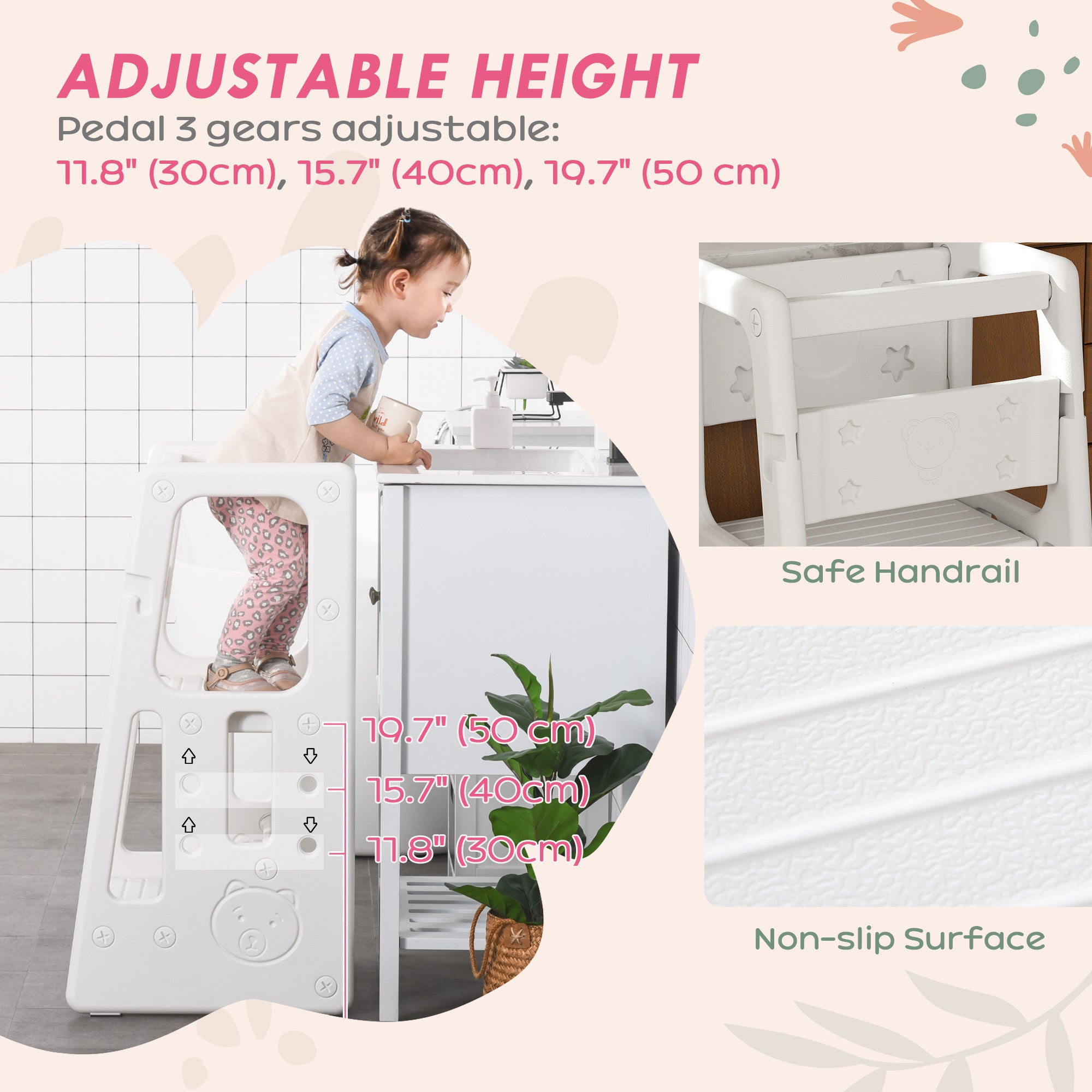 Toddler Kitchen Helper 2 Step Stool with Adjustable Height Platform and Safety Rail, White Toddler & Kids Step Stools at Gallery Canada