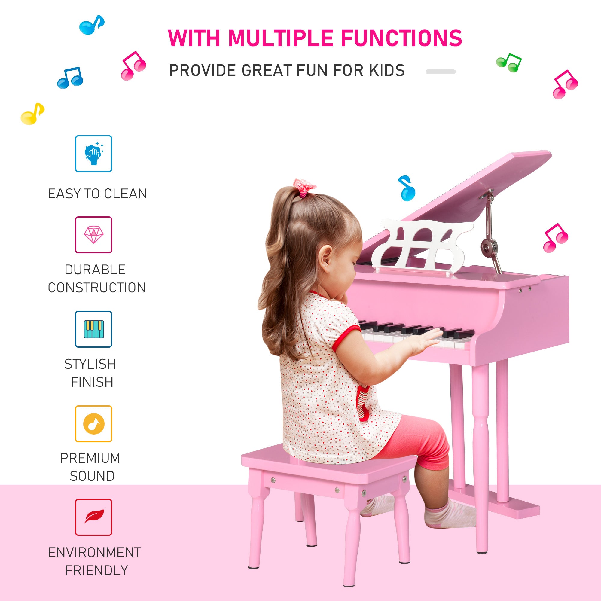 Modern Kids Piano, 30 Keys, Set of 2, Mini Toy for Child, Grand Piano with Music Stand and Bench, Ideal Gift, Pink Electronic Musical Pianos at Gallery Canada