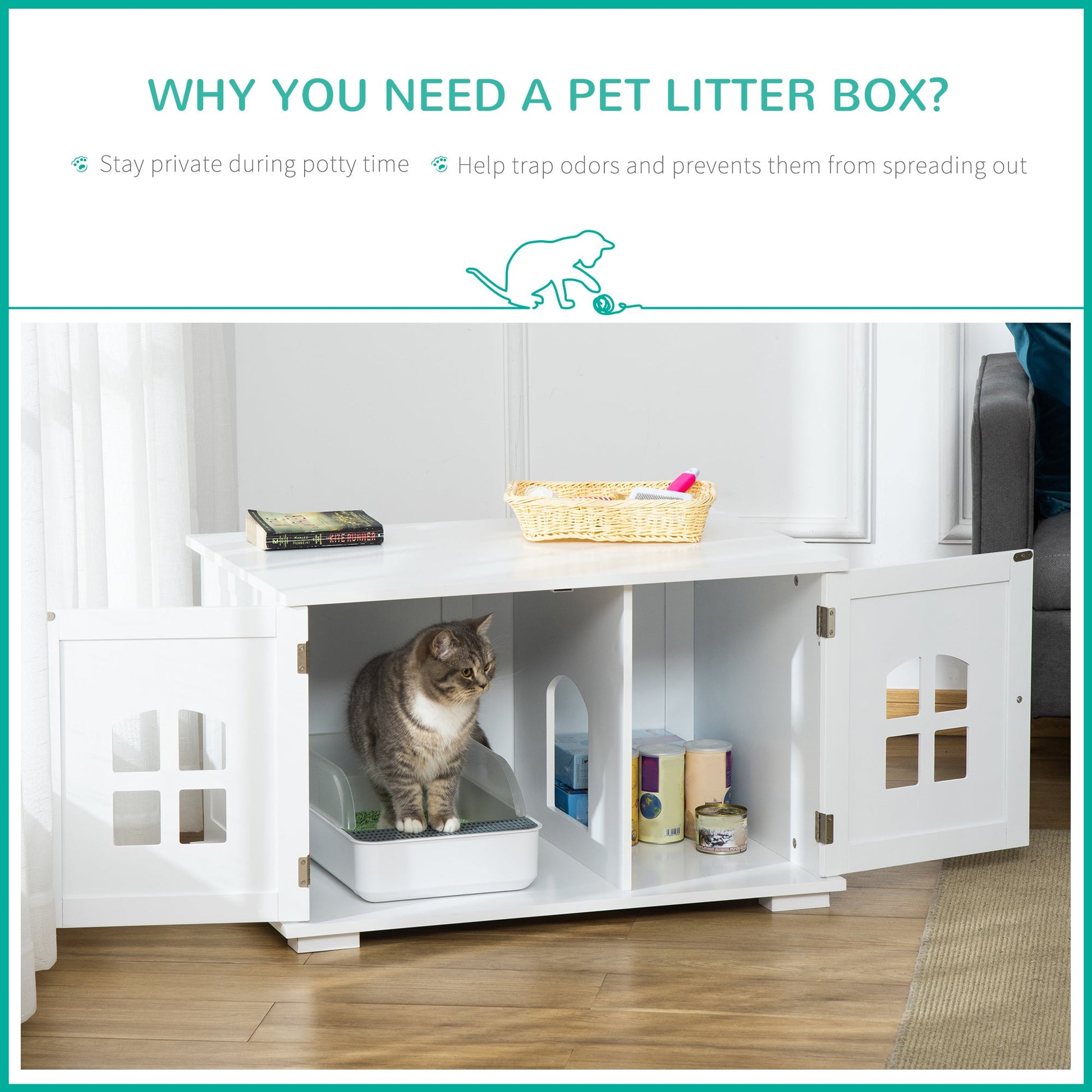 Cat Litter Box Enclosure Hidden Cat Furniture Cabinet Indoor Cat Washroom Double-door Nightstand End Table with Cat Hole Window White Cat Litter Box Enclosures   at Gallery Canada