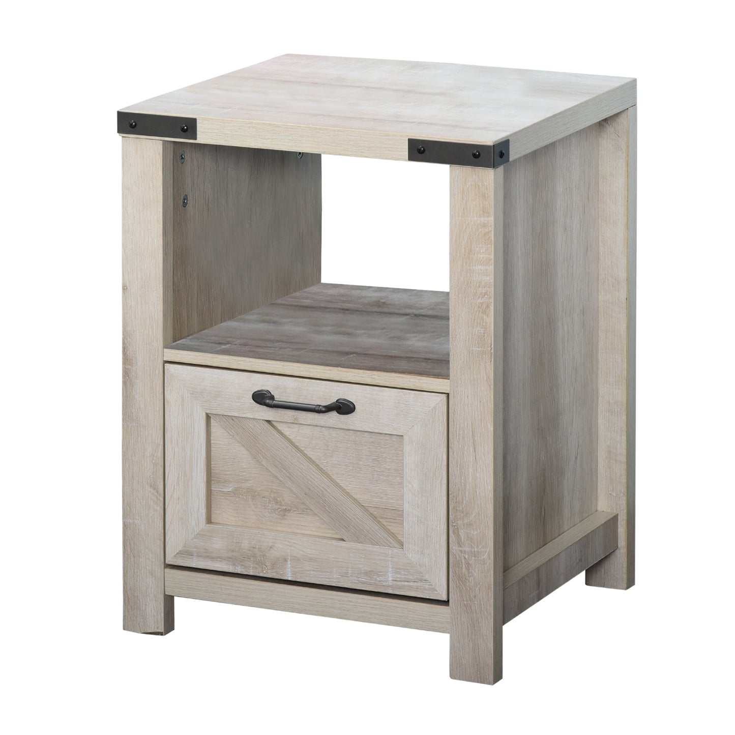 Side Table with Storage, Farmhouse End Table with Drawer, Open Shelf and Barn-style Panel, Accent Table for Living Room, Bedroom, Oak Side Tables Oak  at Gallery Canada