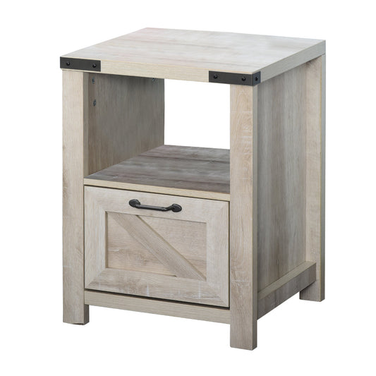 Side Table with Storage, Farmhouse End Table with Drawer, Open Shelf and Barn-style Panel, Accent Table for Living Room, Bedroom, Oak Side Tables Oak  at Gallery Canada