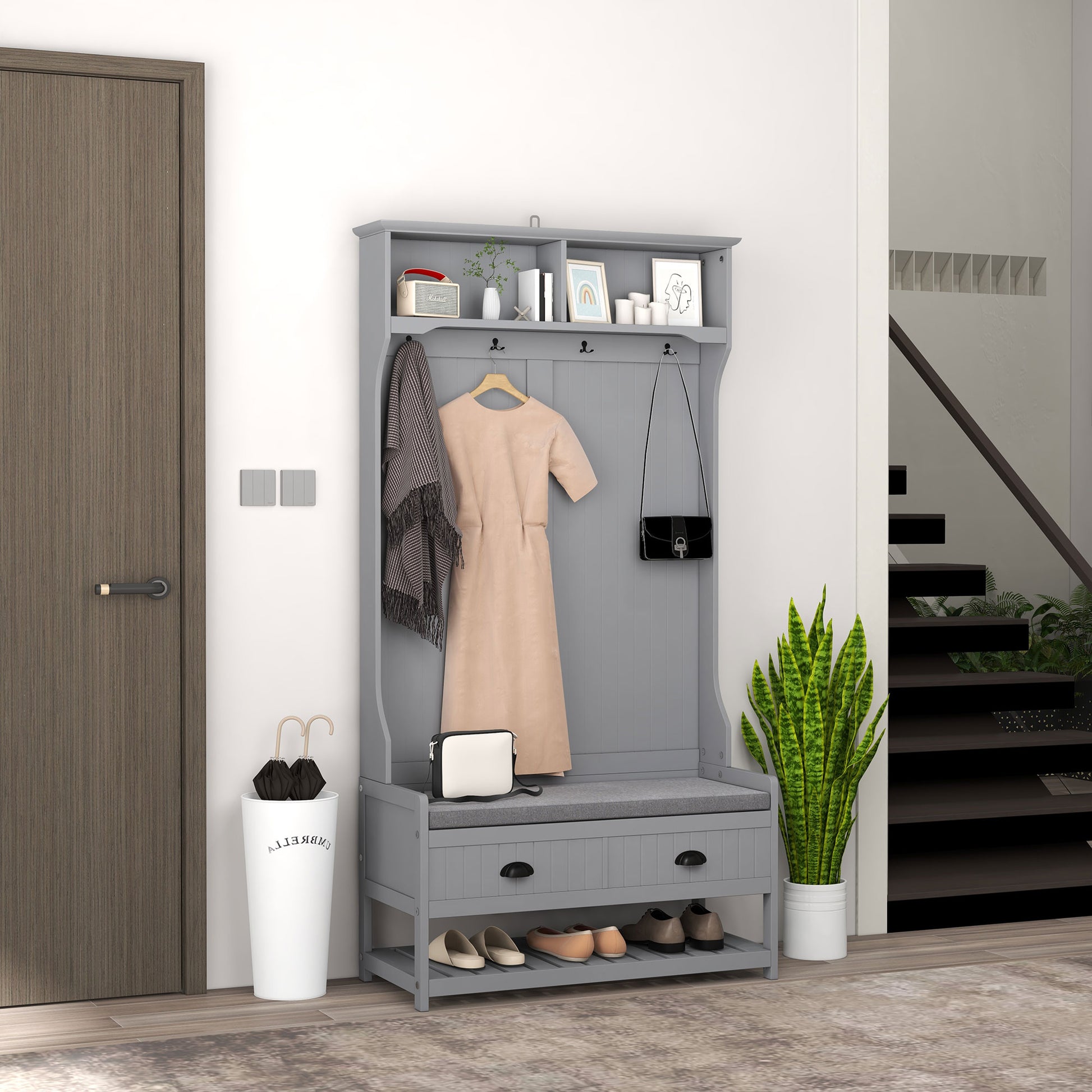 Clothing Storage, Coat Stand, Shoe Storage Bench Organizer with Coat Hanger, Drawers Padded Seat Cushion Grey Clothing Storage Grey  at Gallery Canada