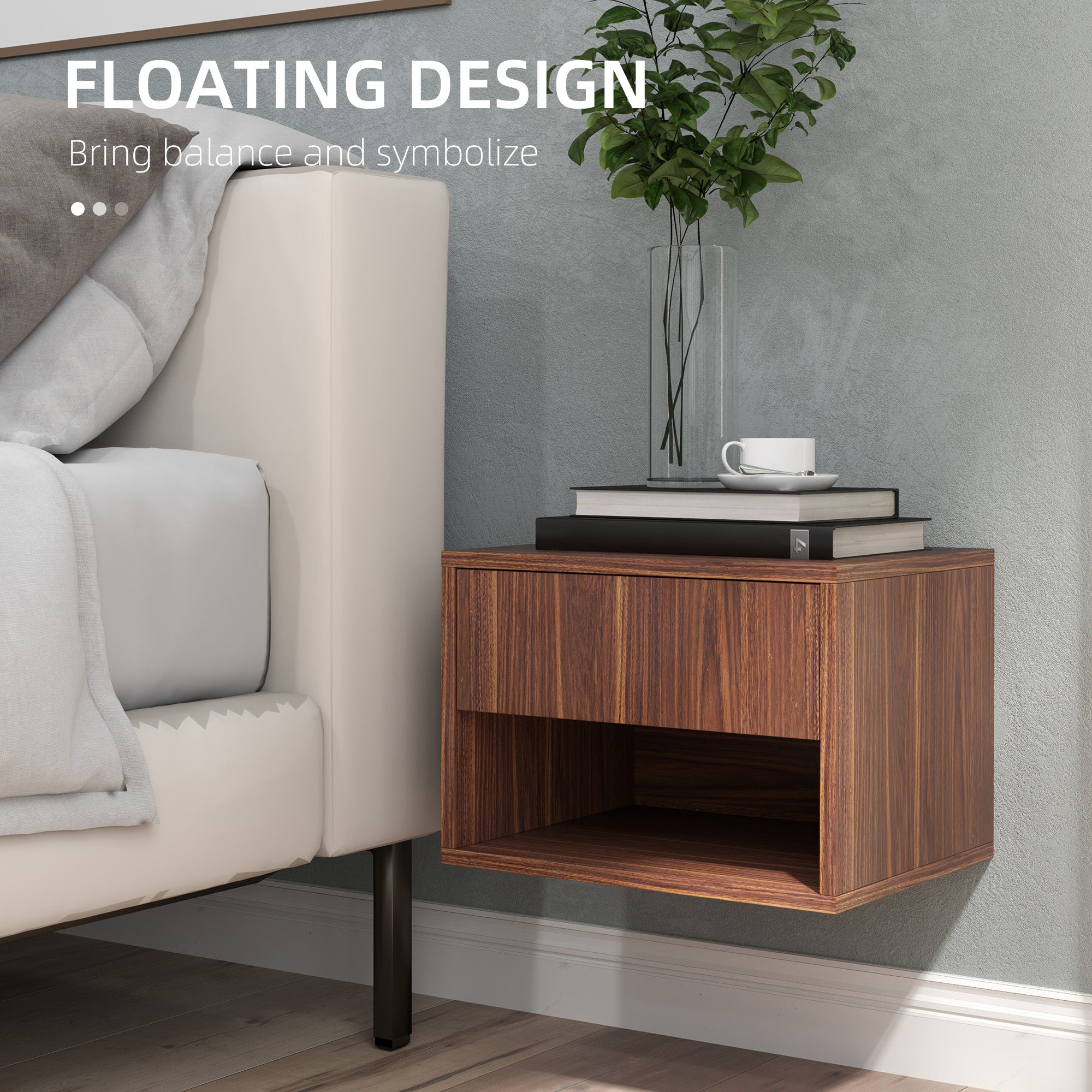 Floating Nightstand Set of 2, Wall Mounted Bedside Table with Drawer for Bedroom, Brown Bedside Tables at Gallery Canada