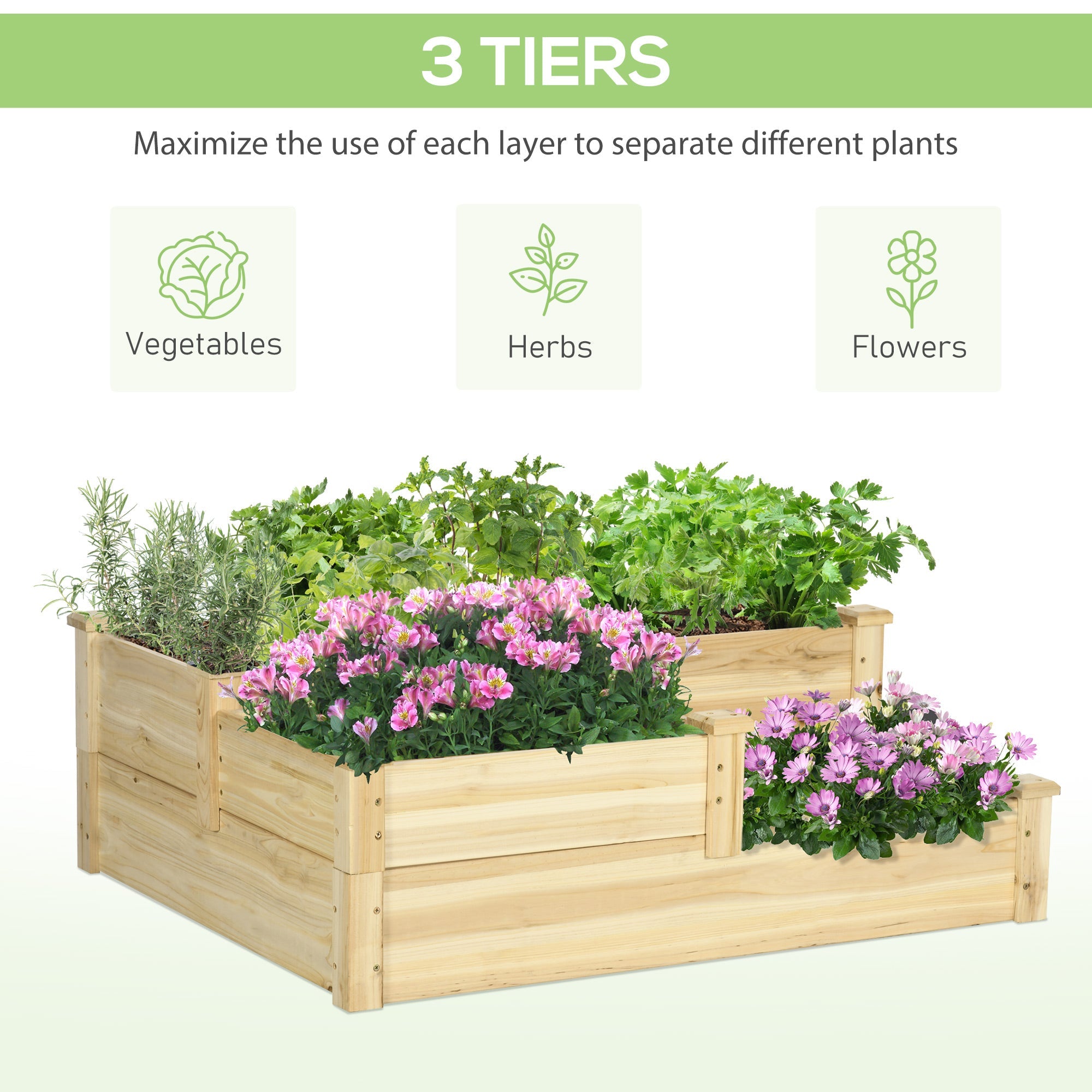 3 Tier Raised Garden Bed, Wooden Raised Planter Box Kit for Growing Vegetables, Herbs, Flowers, 42.5