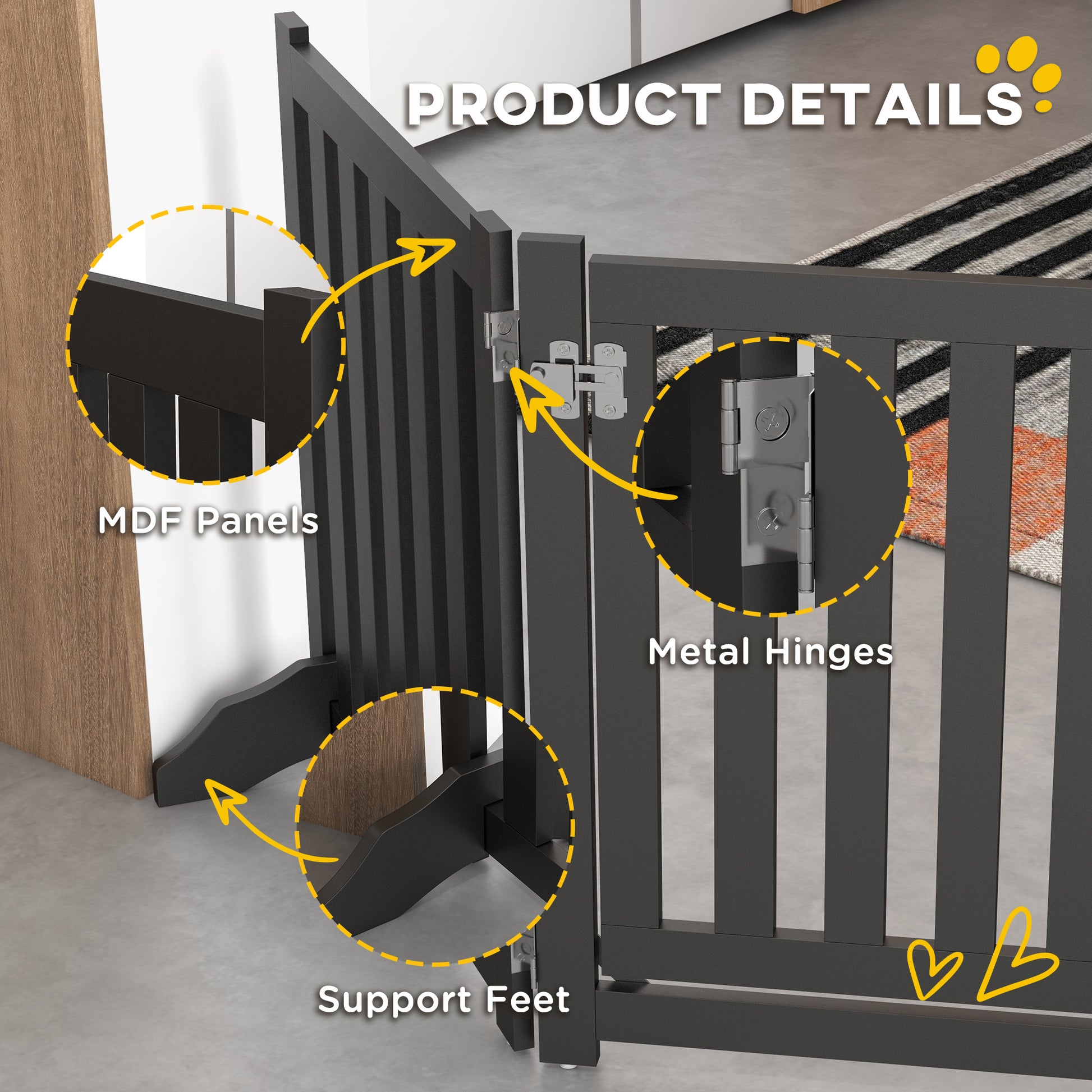 Foldable Dog Gate with Door, 4 Panels Fressstanding Pet Gate, Black Houses, Kennels & Pens   at Gallery Canada