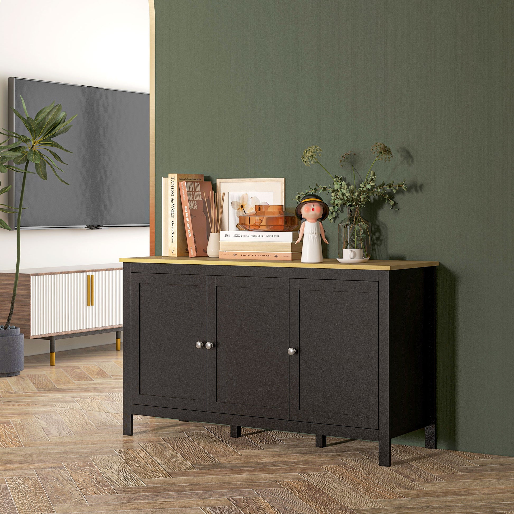 Sideboard, Buffet Cabinet with Doors and Adjustable Shelves for Living Room, Entryway, Black and Natural Kitchen Pantry Cabinets   at Gallery Canada