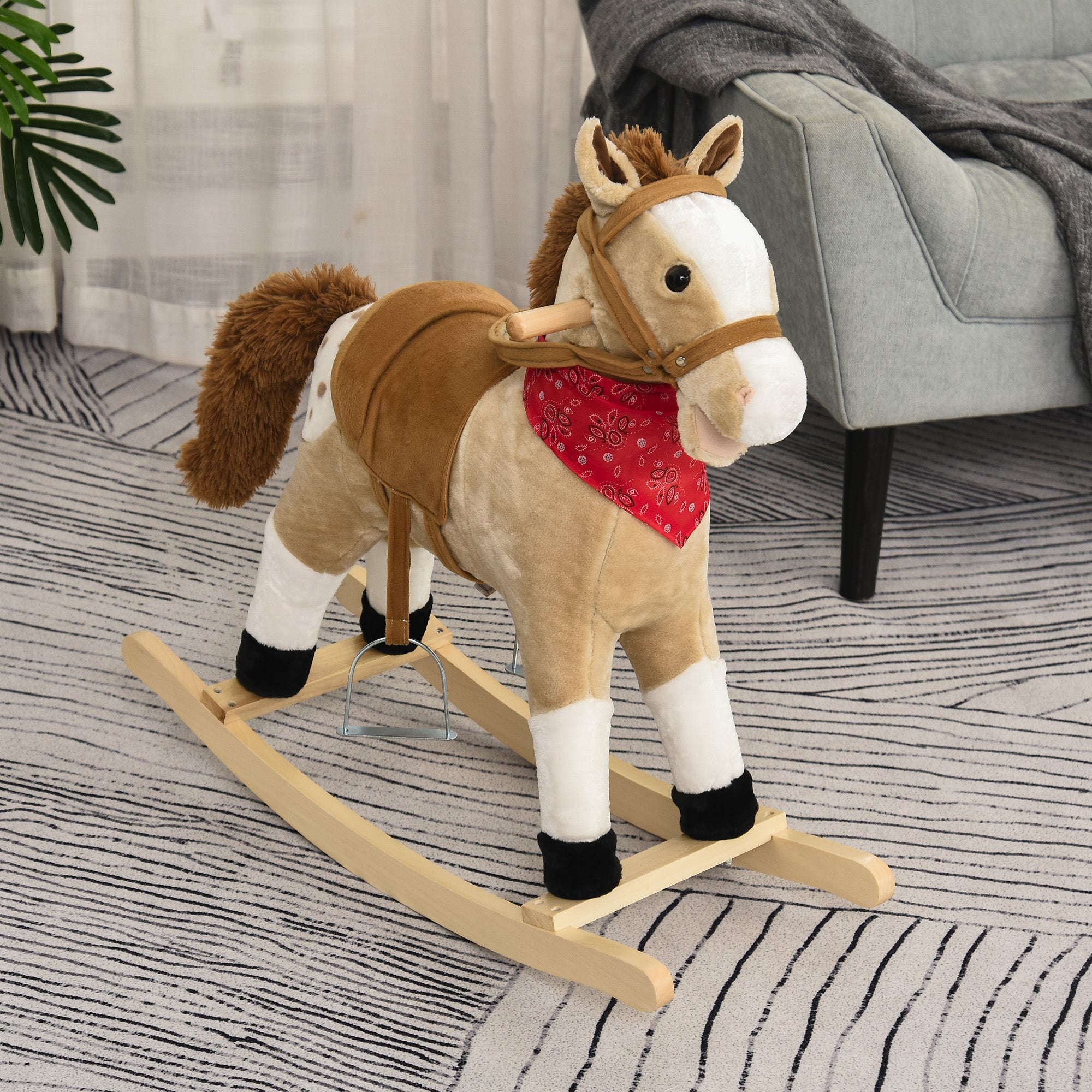 Kids Plush Ride-On Rocking Horse Toy Cowboy Rocker with Fun Realistic Sounds for Child 3-6 Years Old, Beige Rocking Horses at Gallery Canada